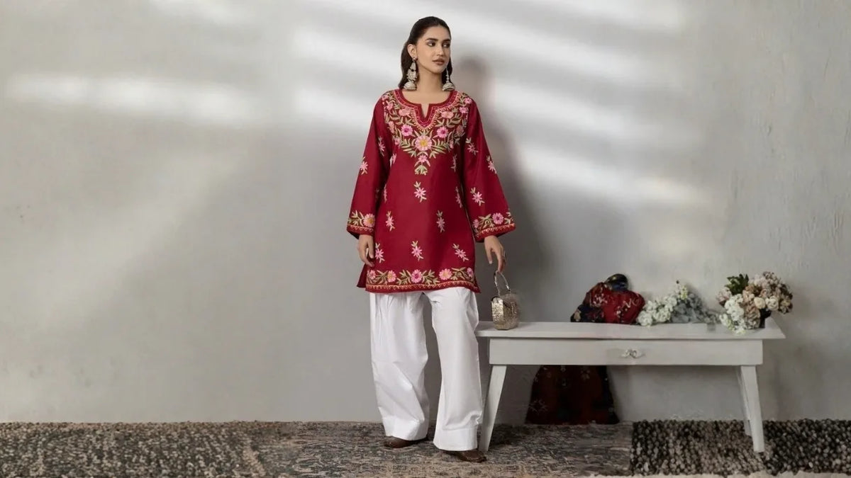 Red embroidered kurta for Christmas festive celebrations