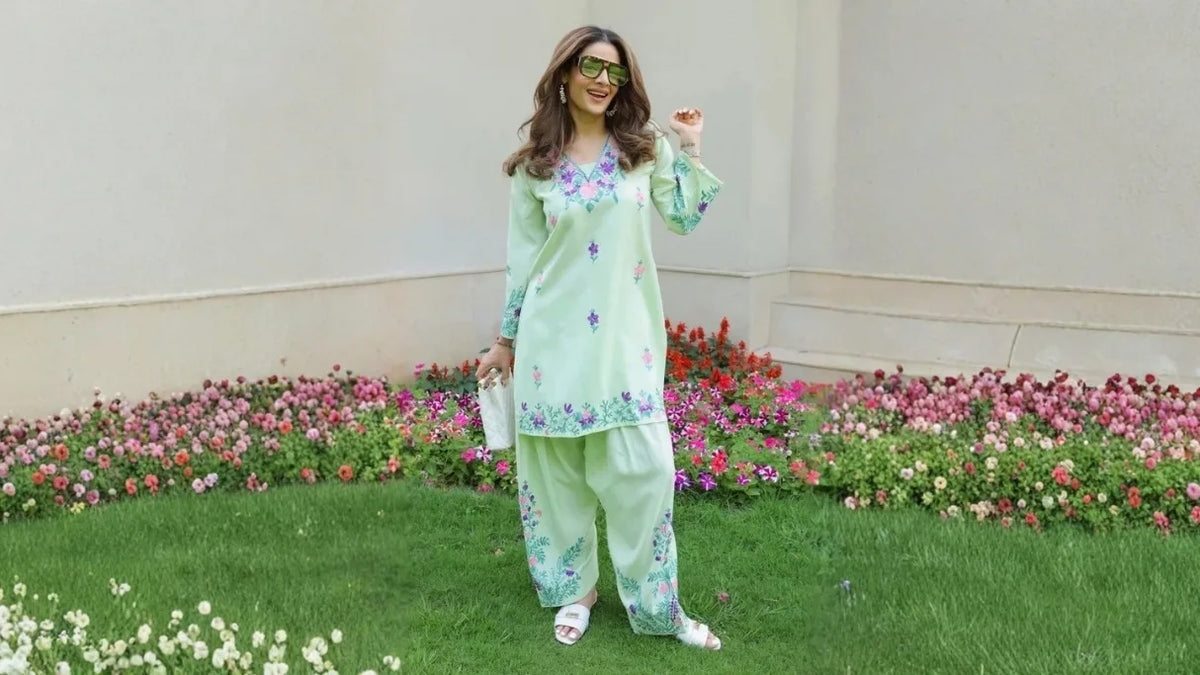 Pastel green kurta set for women with Kashmiri Aari embroidery