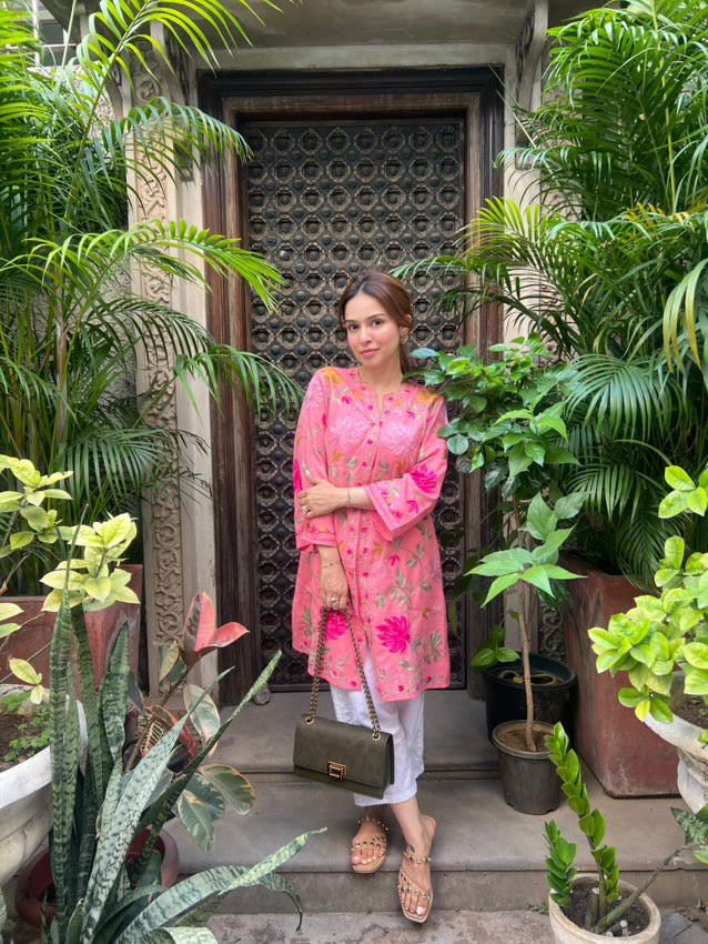 Haania in Kashmiri Aari Work Cotton Kurta Jacket – Pink