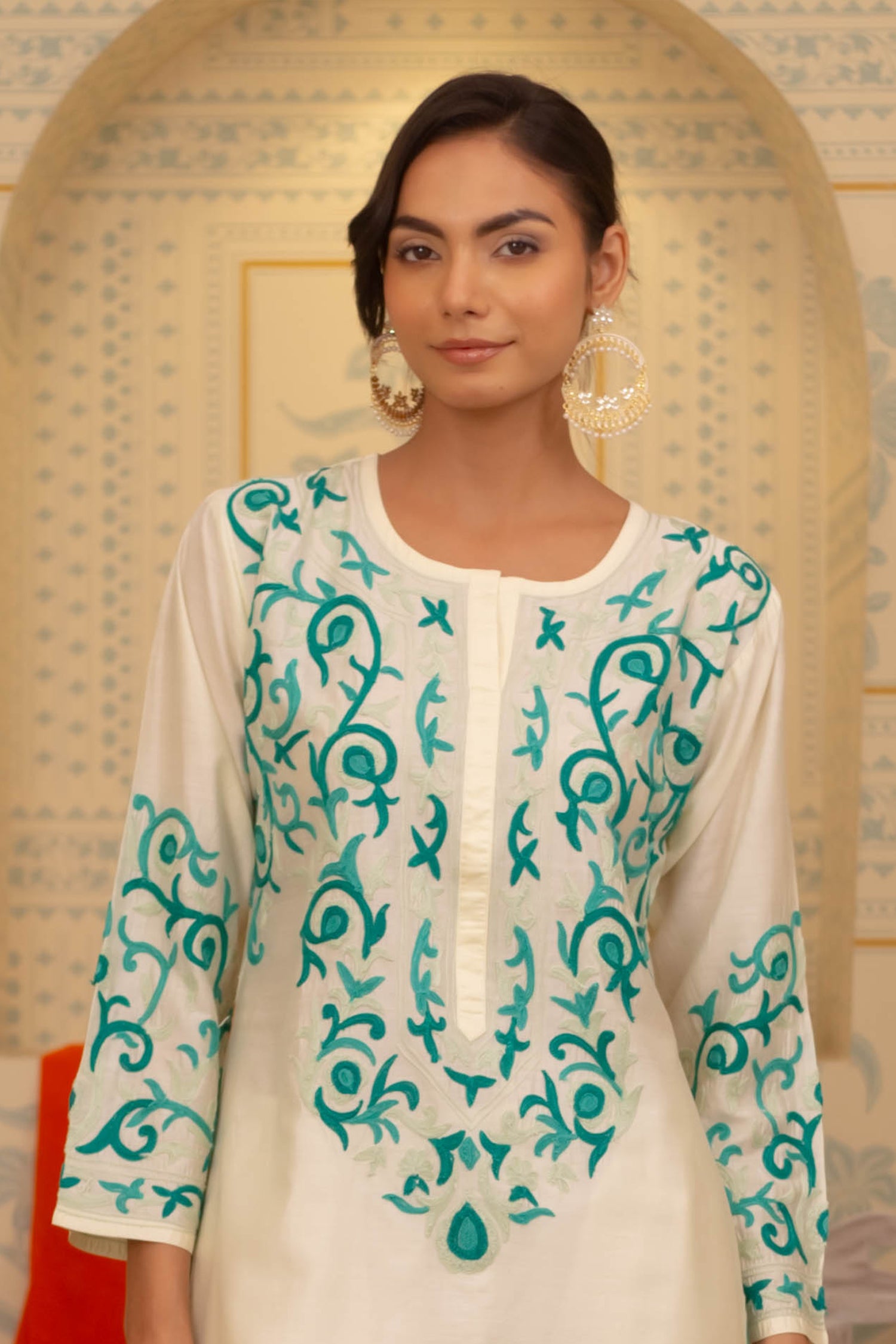 Mohi in Falak Kashmiri Long Kurta In Chanderi Silk With Turquoise Blue Embroidery
