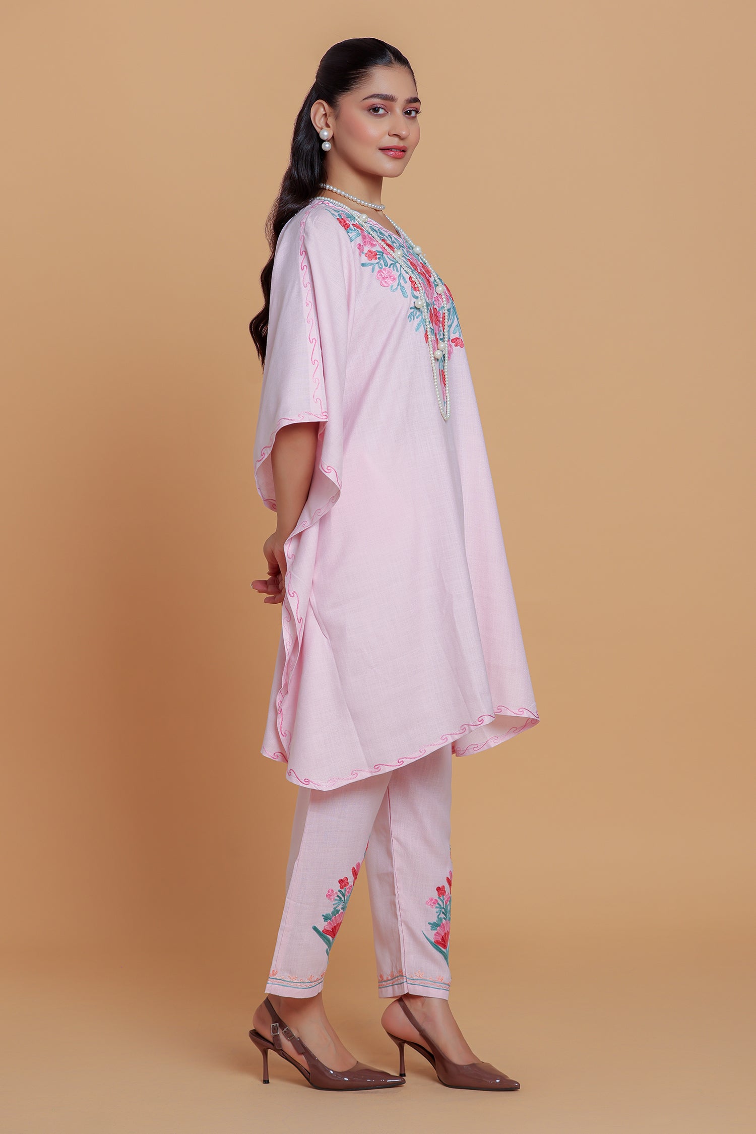 Cotton Kaftan Set in Kashmiri Aari - Pink