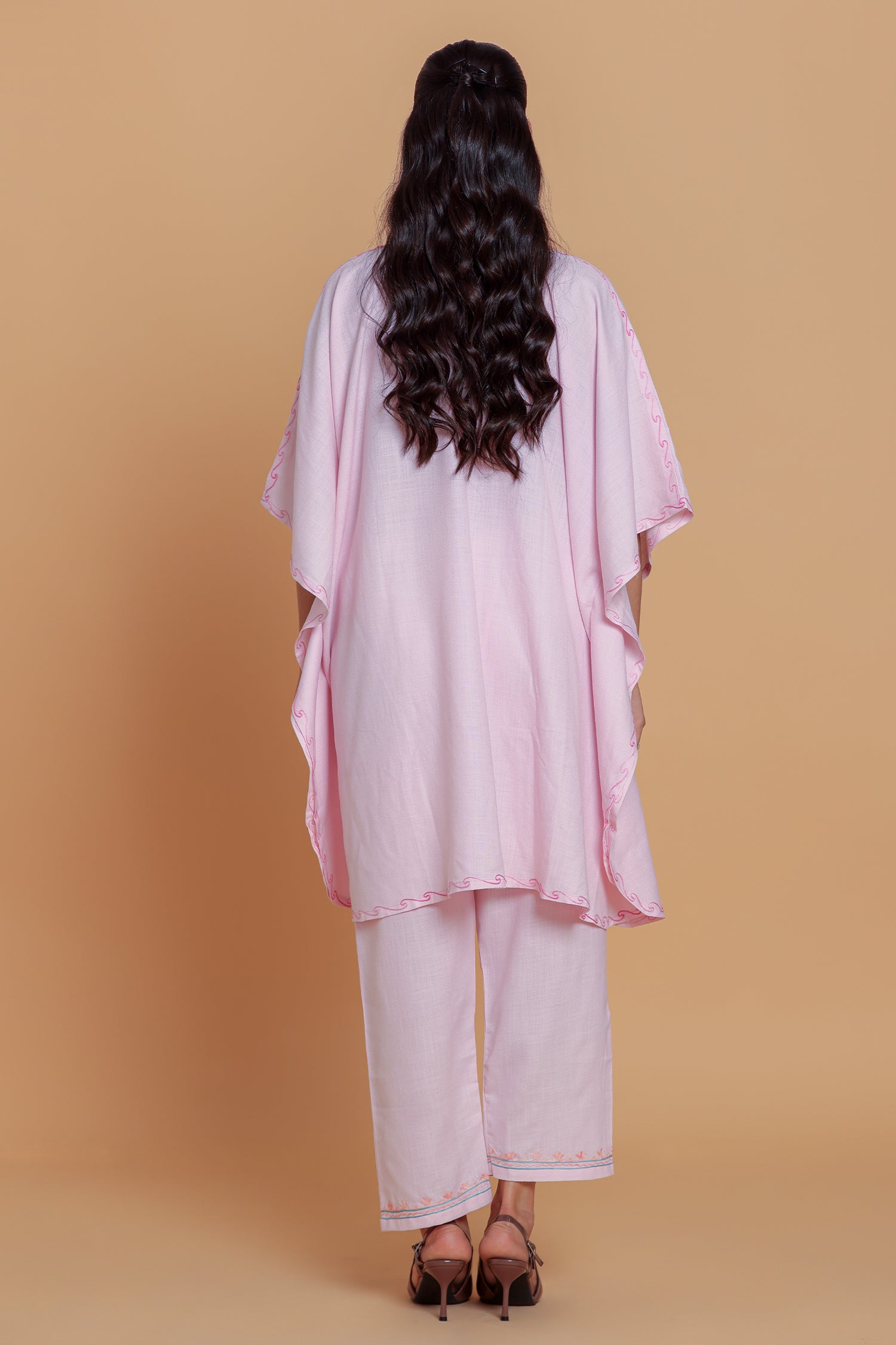 Cotton Kaftan Set in Kashmiri Aari - Pink