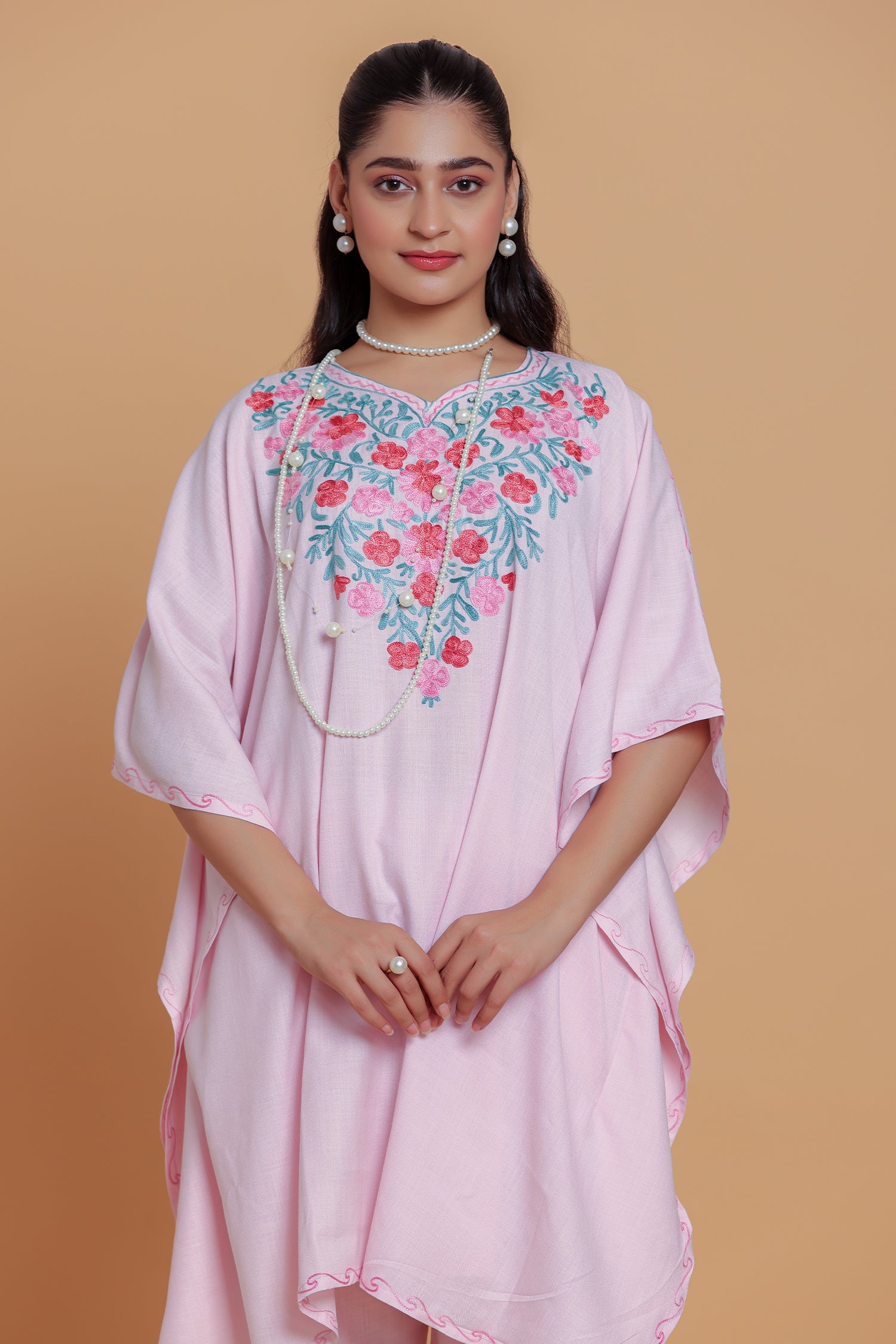 Cotton Kaftan Set in Kashmiri Aari - Pink