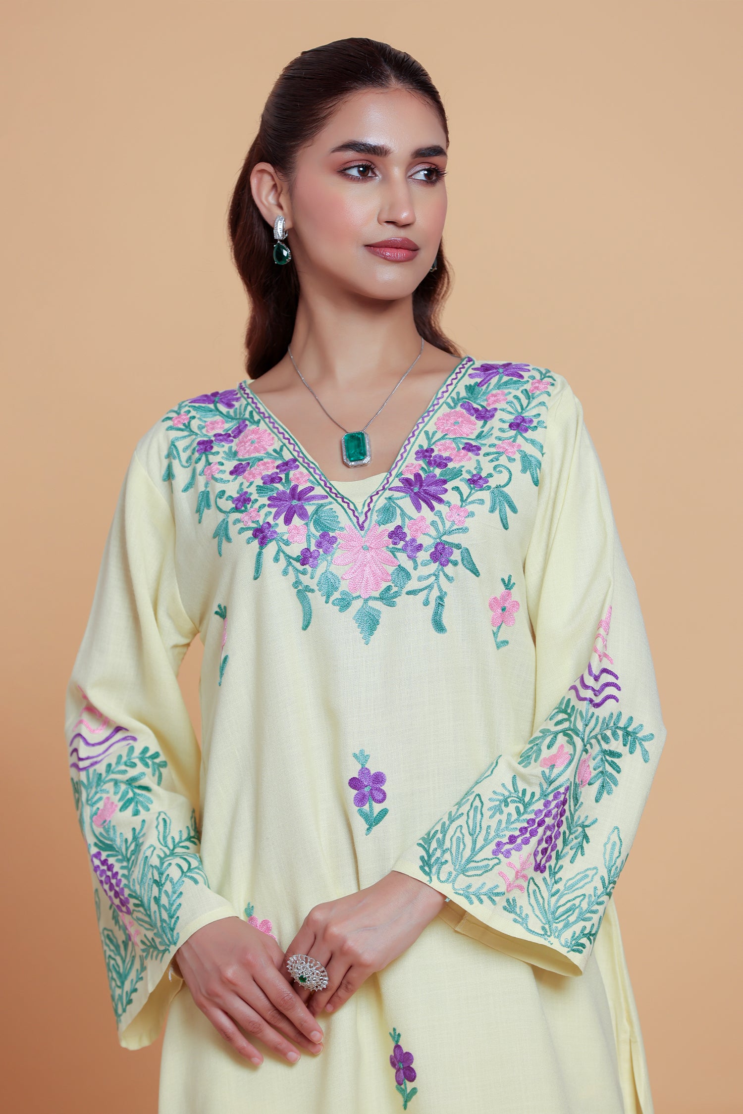 Neha x HOK in Cotton Kurta Set in Kashmiri Aari - Pastel Yellow