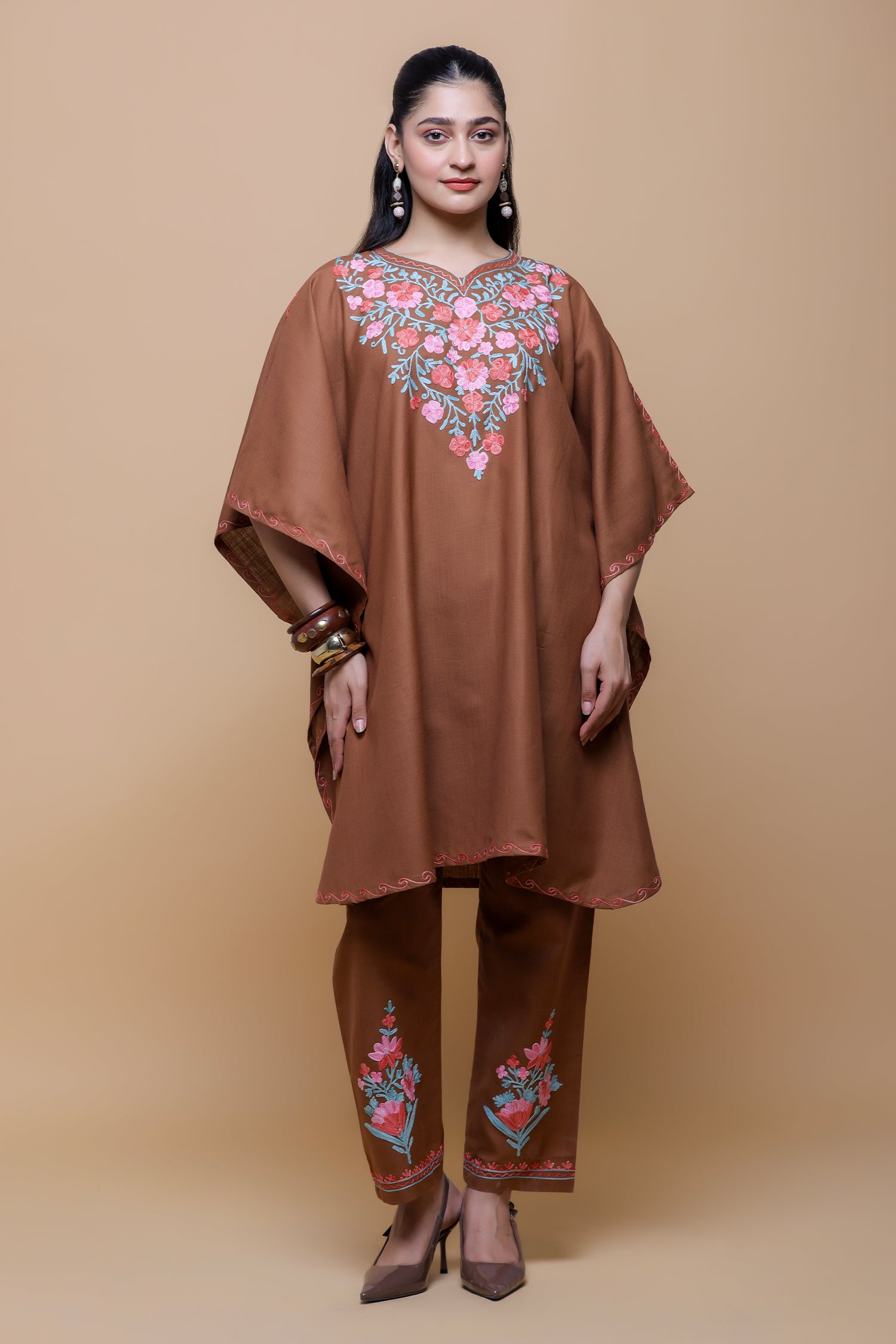 Cotton Kaftan Set in Kashmiri Aari - Brown