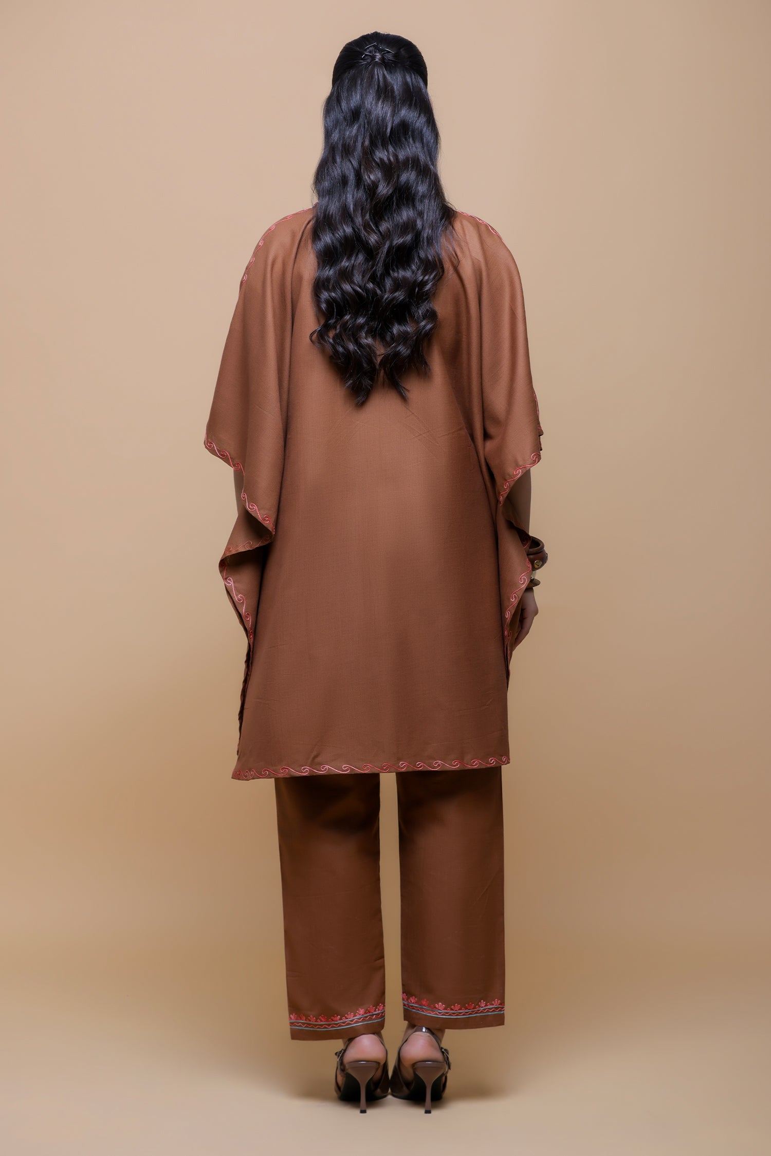 Cotton Kaftan Set in Kashmiri Aari - Brown