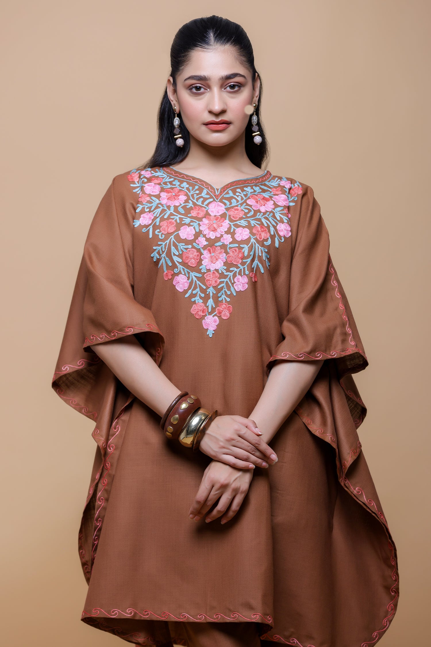 Cotton Kaftan Set in Kashmiri Aari - Brown