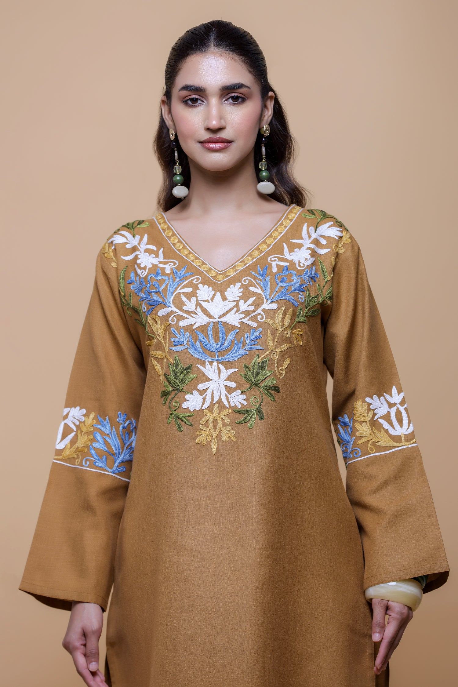Cotton Kashmiri Aari Kurta Set - Brown