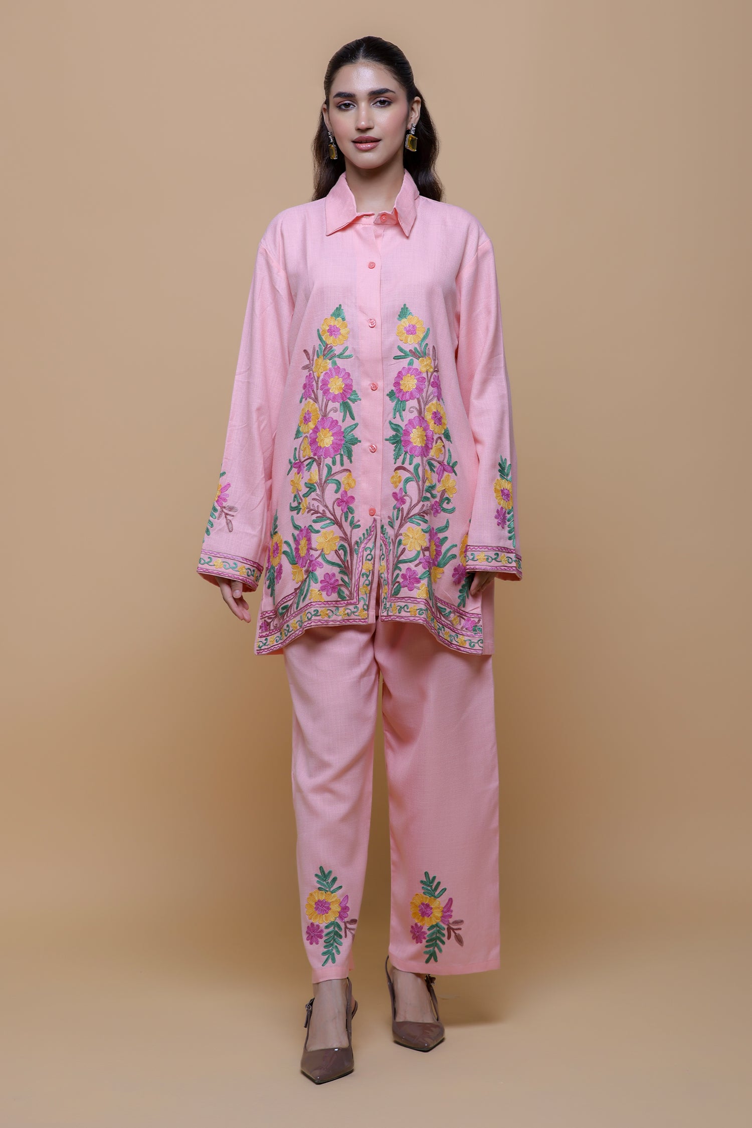 Cotton Kashmiri Aari Shirt Set - Pink