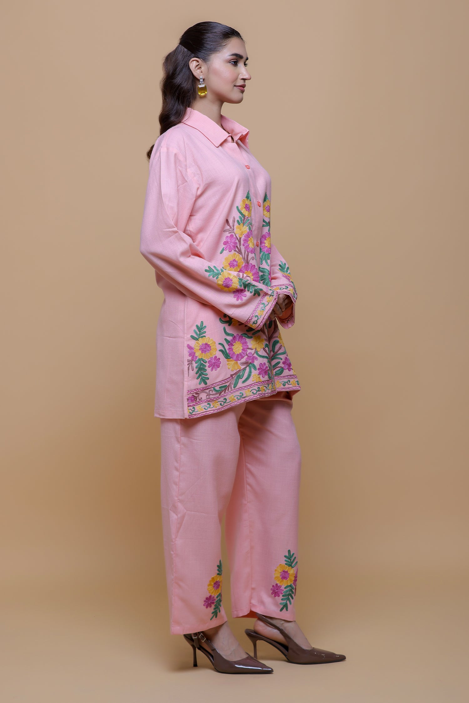 Cotton Kashmiri Aari Shirt Set - Pink