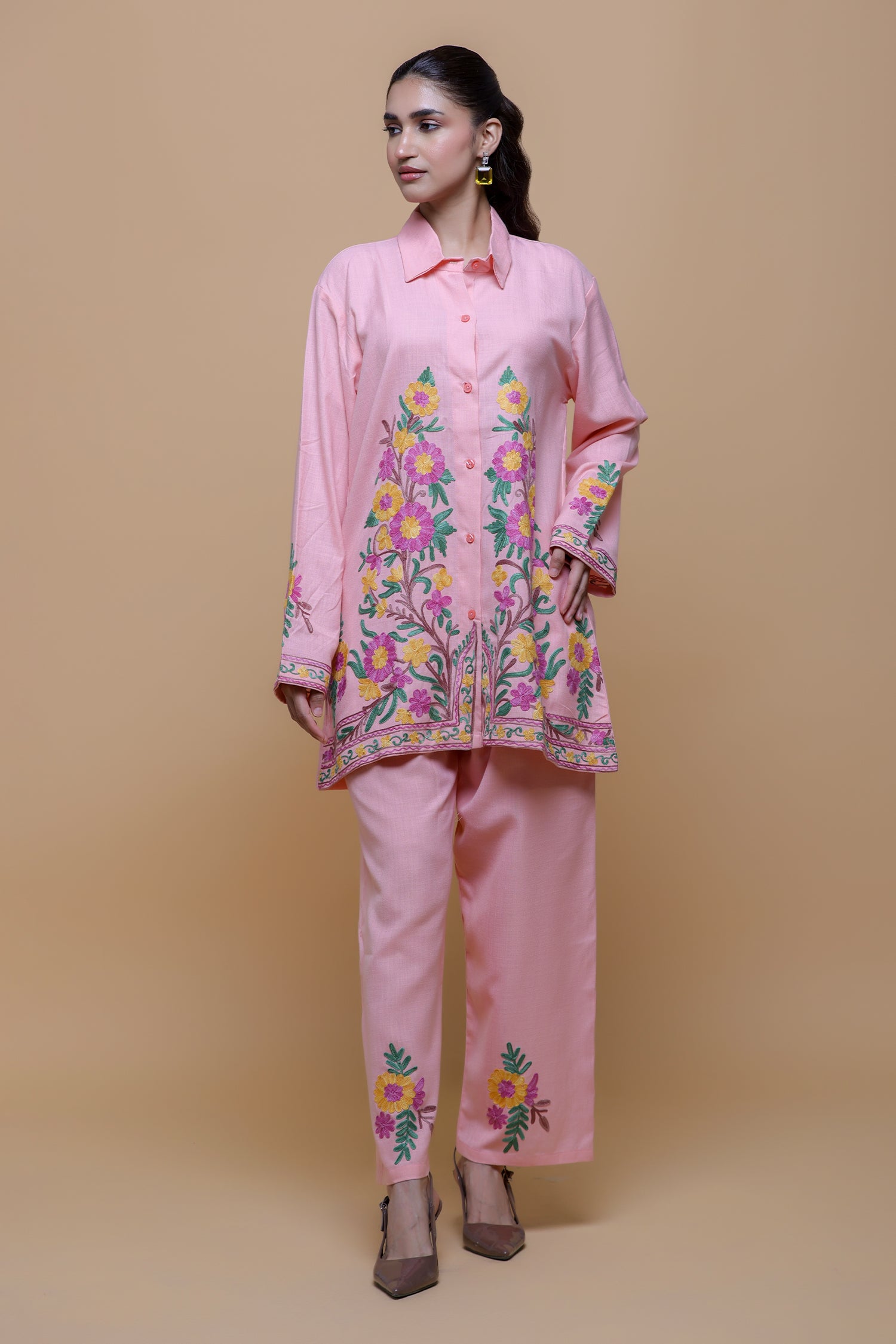 Cotton Kashmiri Aari Shirt Set - Pink