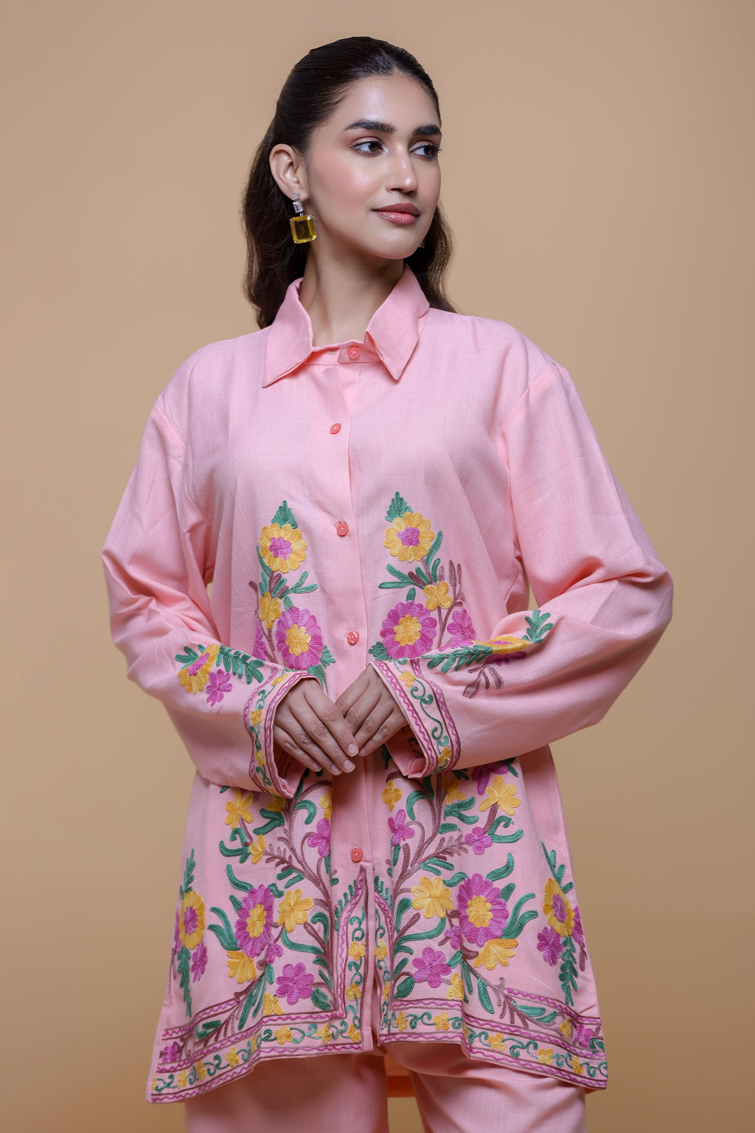 Cotton Kashmiri Aari Shirt Set - Pink