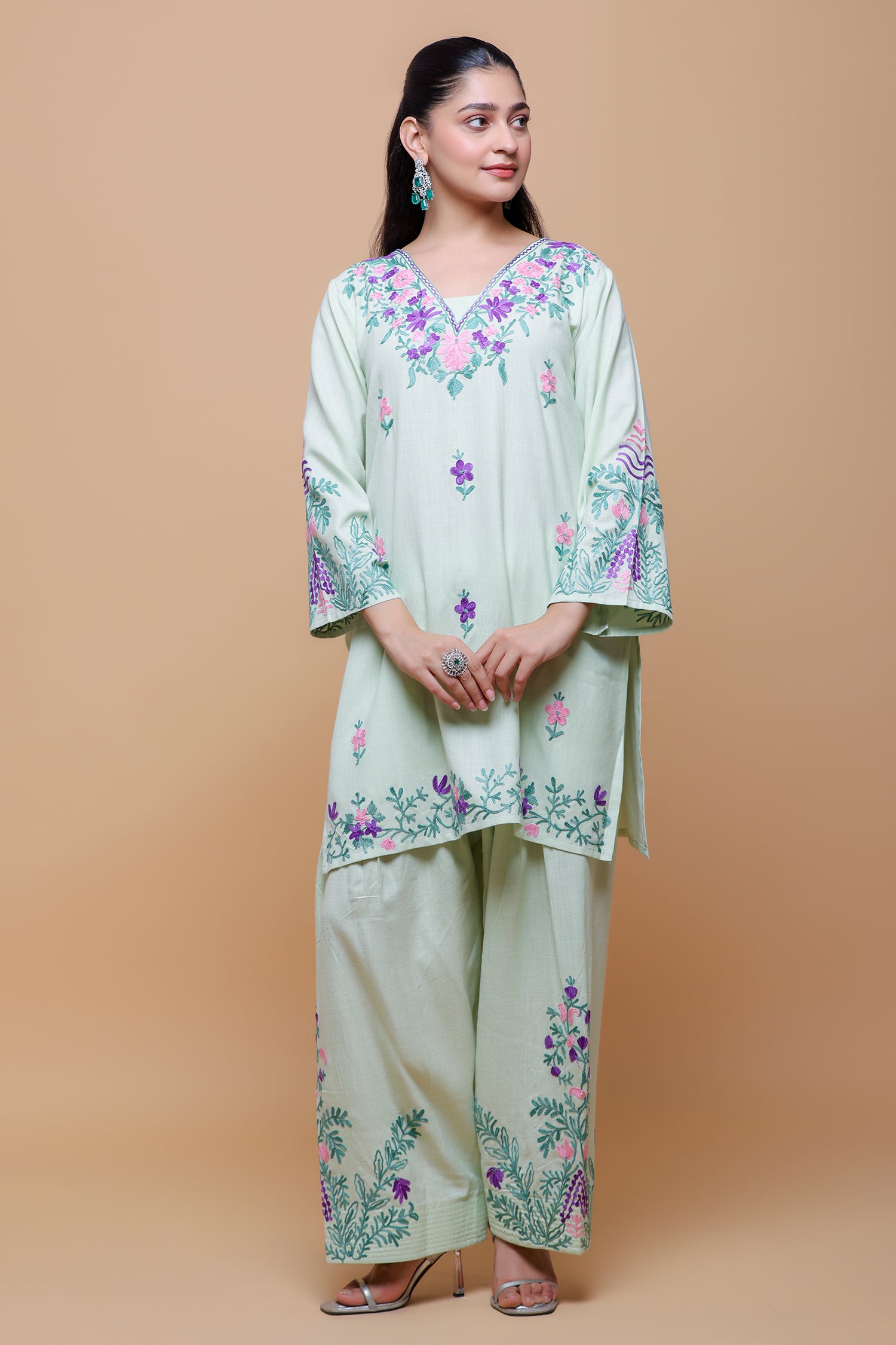 Priyanka x HOK in Cotton Kurta Set in Kashmiri Aari - Pastel Green