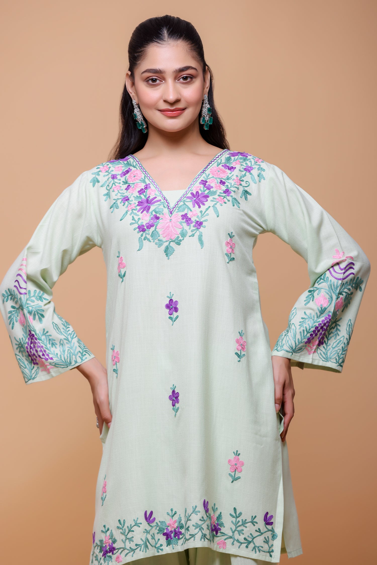 Cotton Kurta Set in Kashmiri Aari - Pastel Green