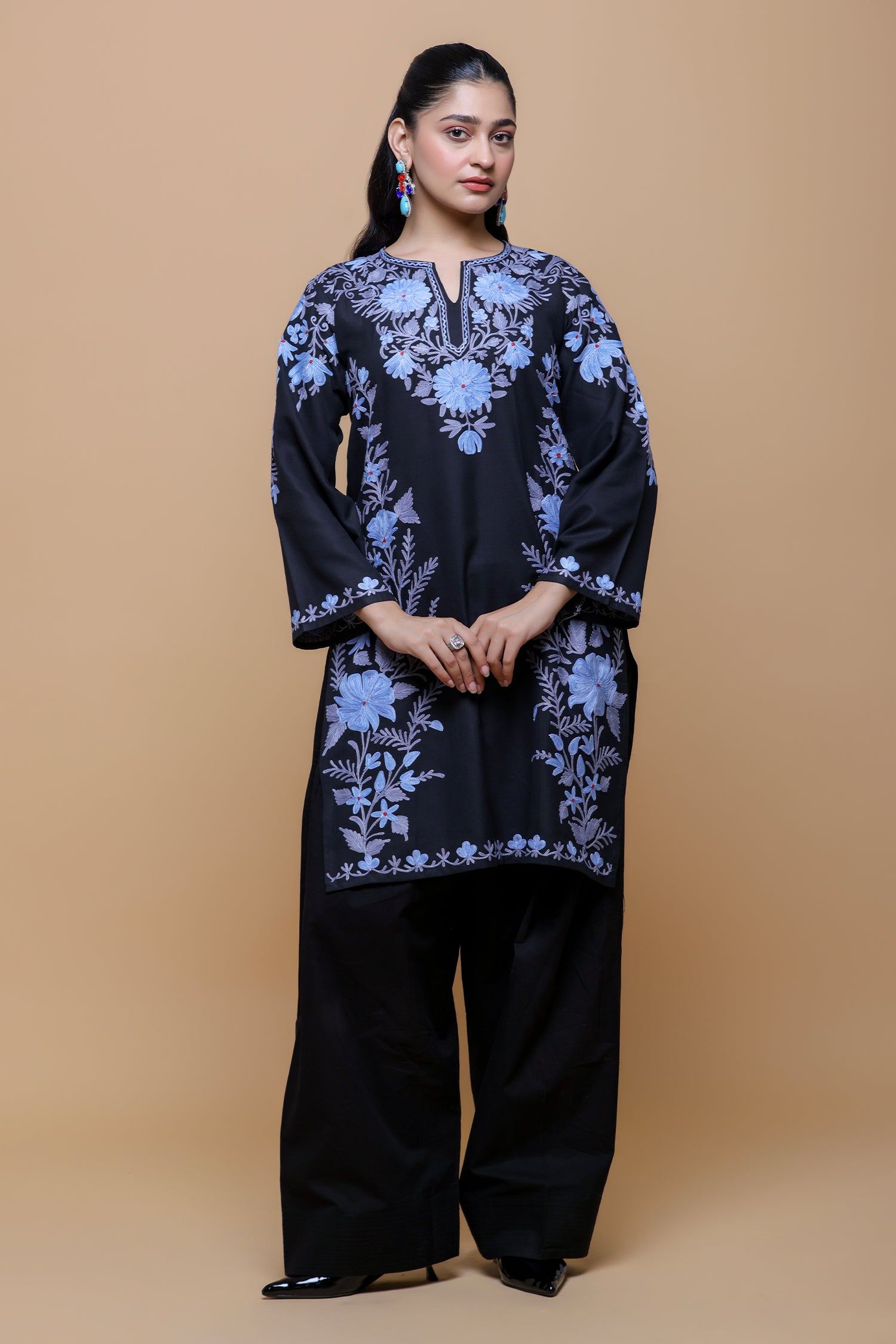 Cotton Long Kurta in Kashmiri Aari - Black