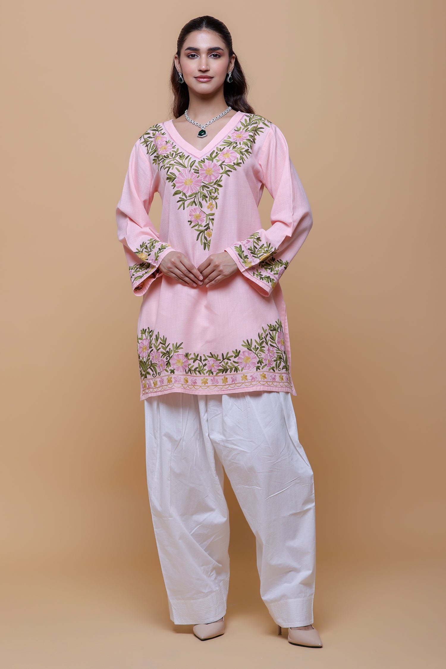 Neha x HOK in Cotton Kashmiri Aari Short Kurta - Pink