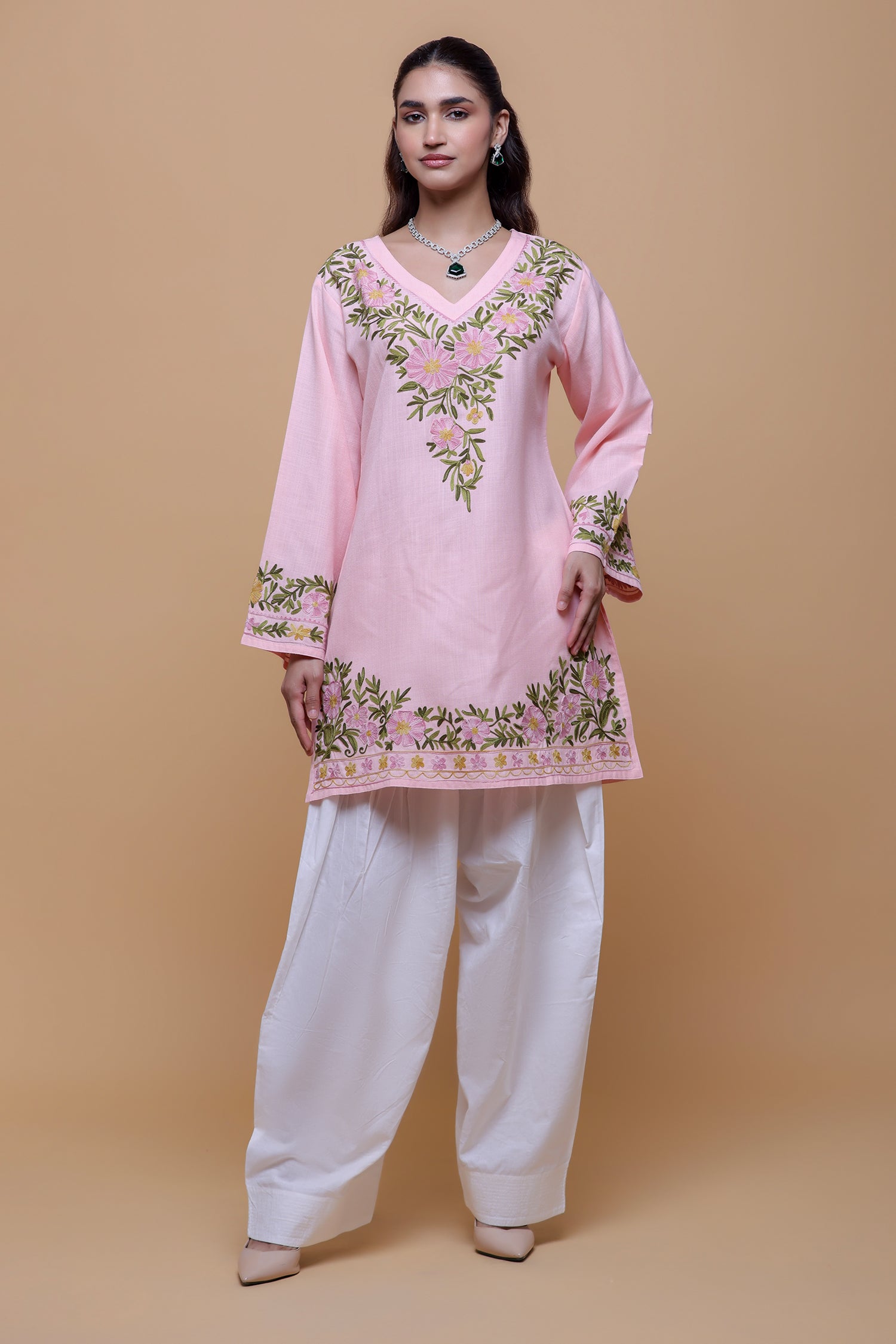 Cotton Kashmiri Aari Short Kurta - Pink
