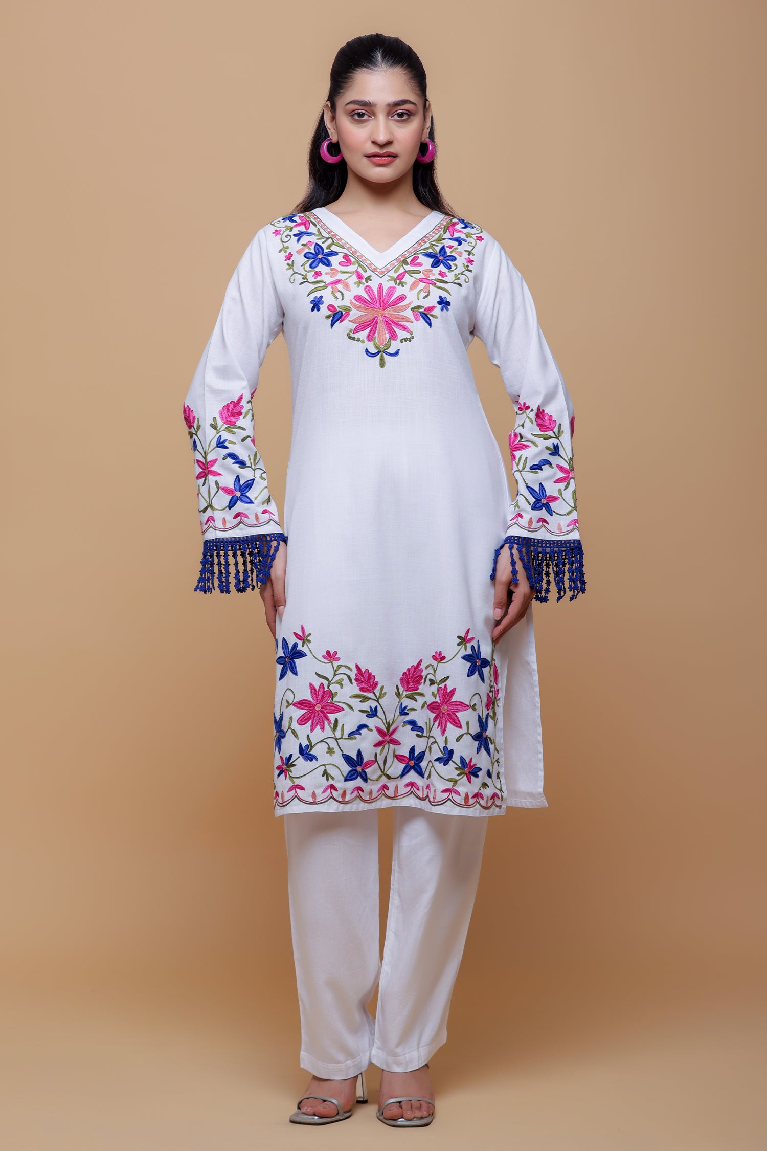 Cotton Kashmiri Aari Long Kurta - White
