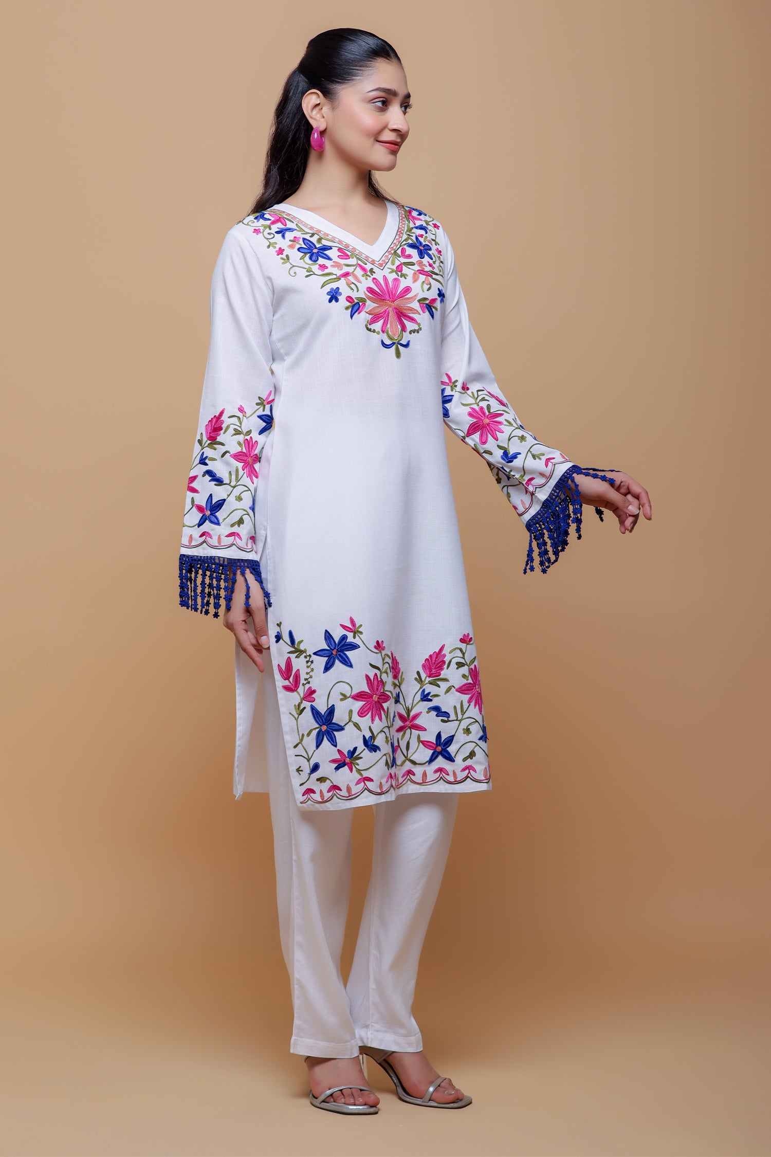 Cotton Kashmiri Aari Long Kurta - White