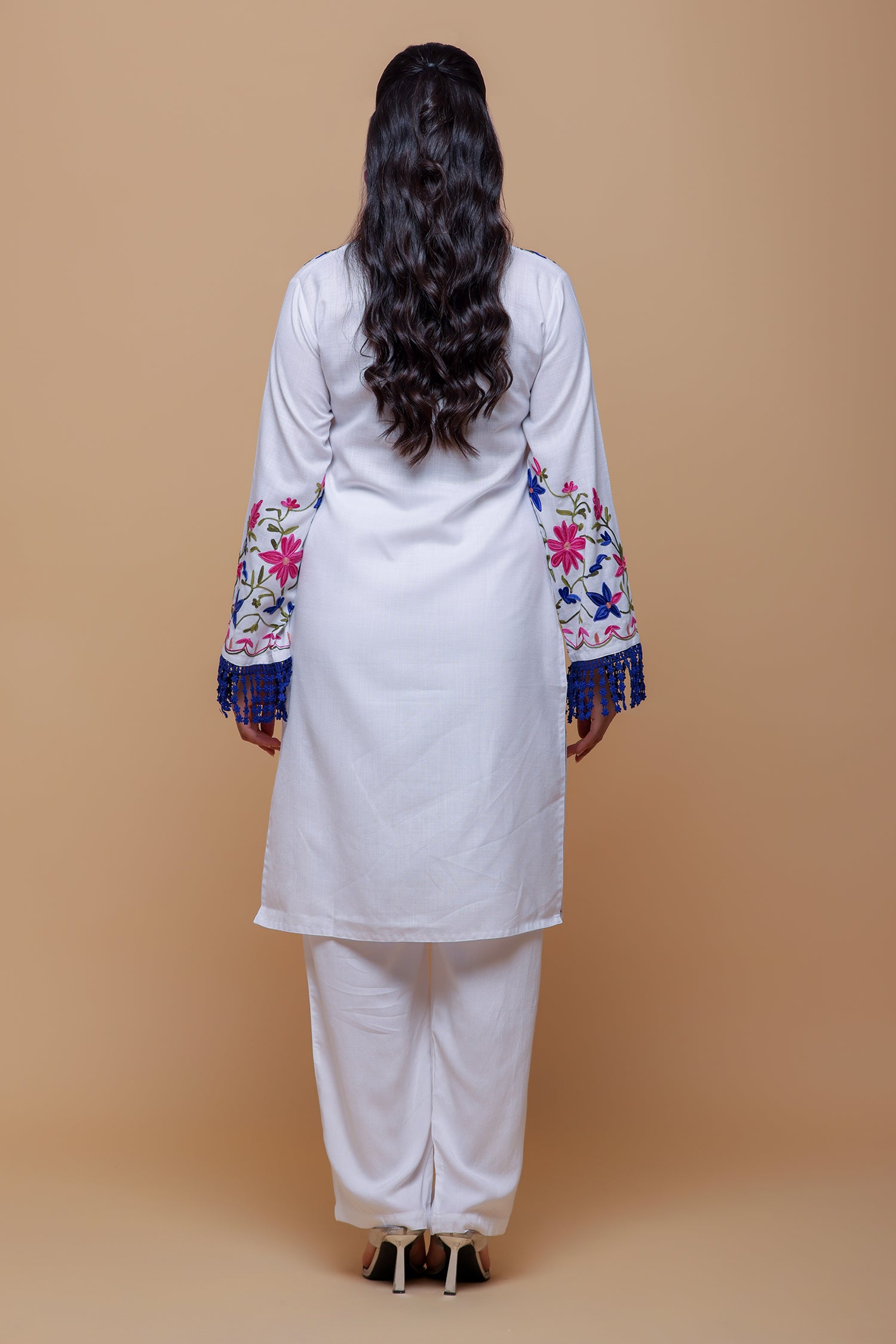 Cotton Kashmiri Aari Long Kurta - White