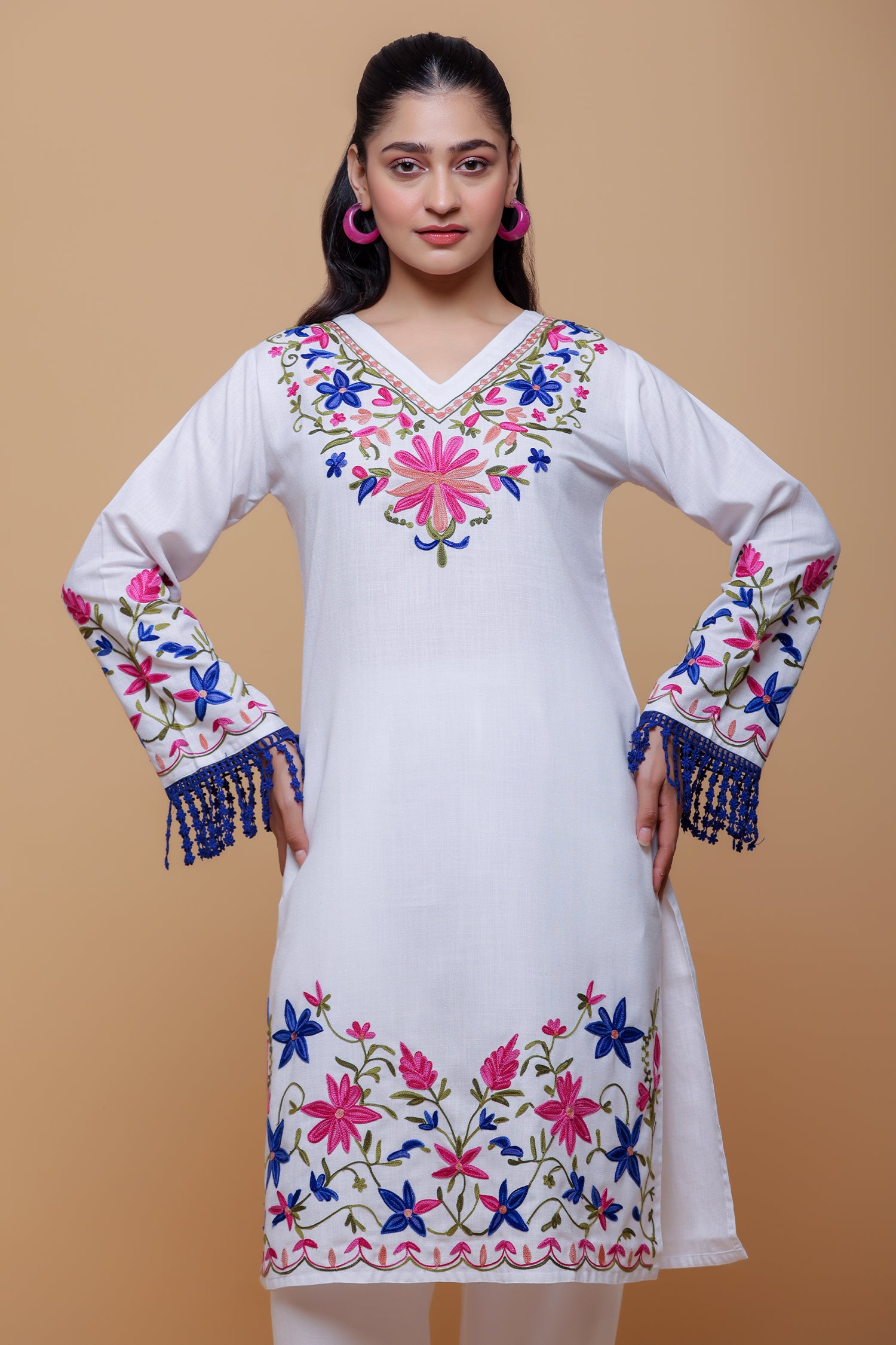Cotton Kashmiri Aari Long Kurta - White