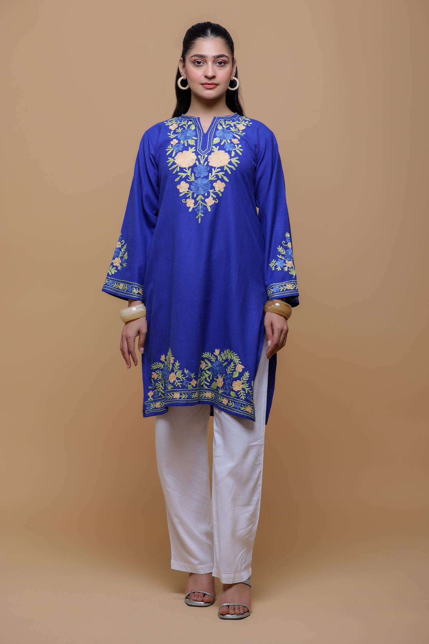 Cotton Long Kurta in Kashmiri Aari - Blue