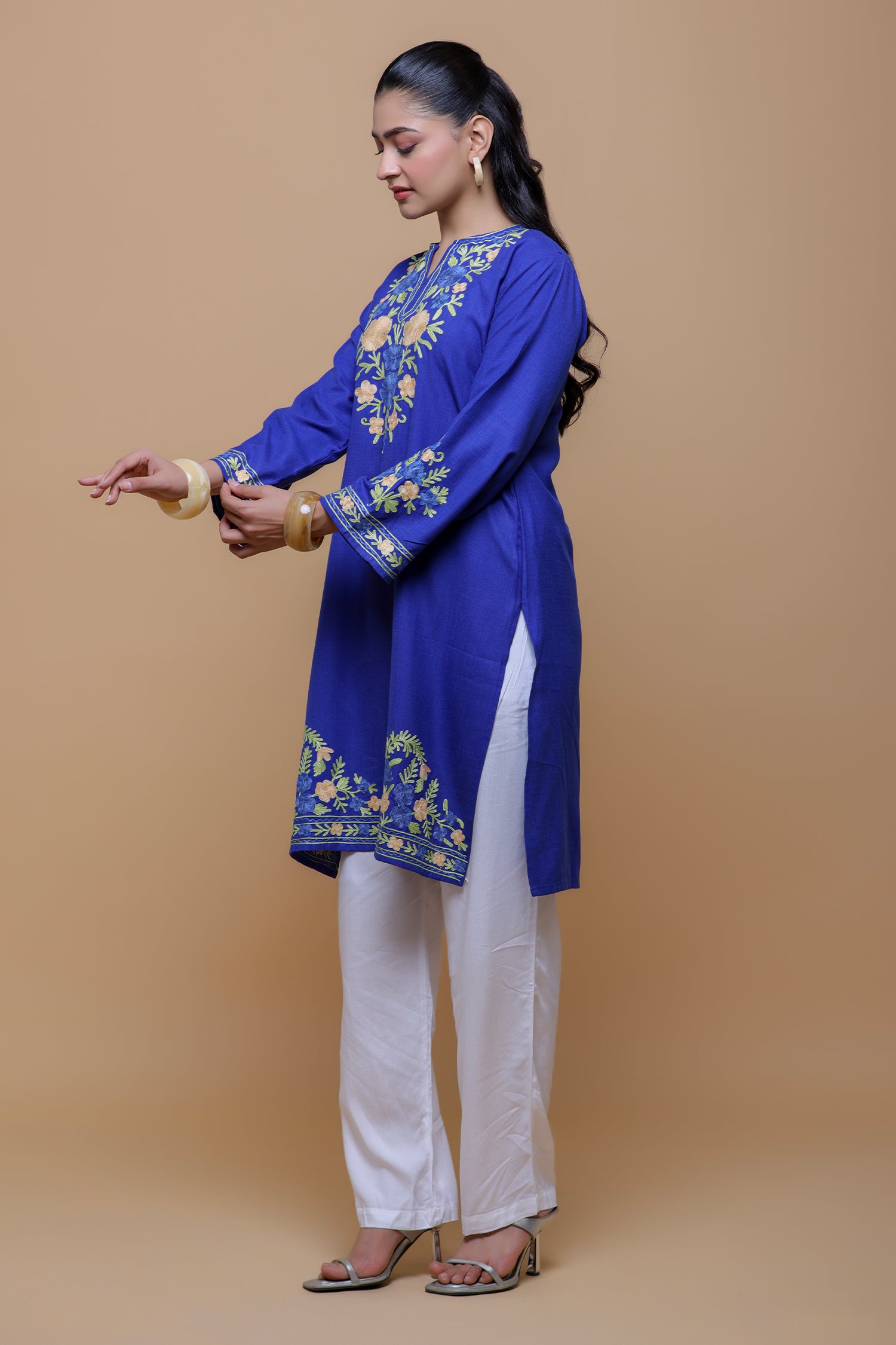 Cotton Long Kurta in Kashmiri Aari - Blue