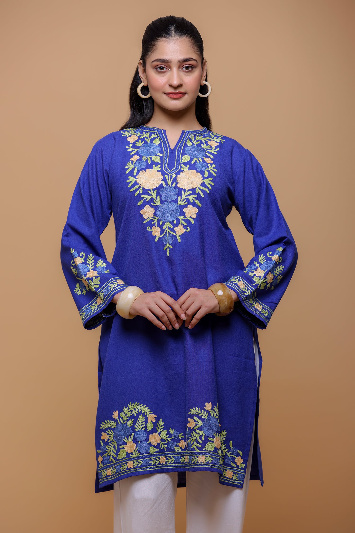 Cotton Long Kurta in Kashmiri Aari - Blue