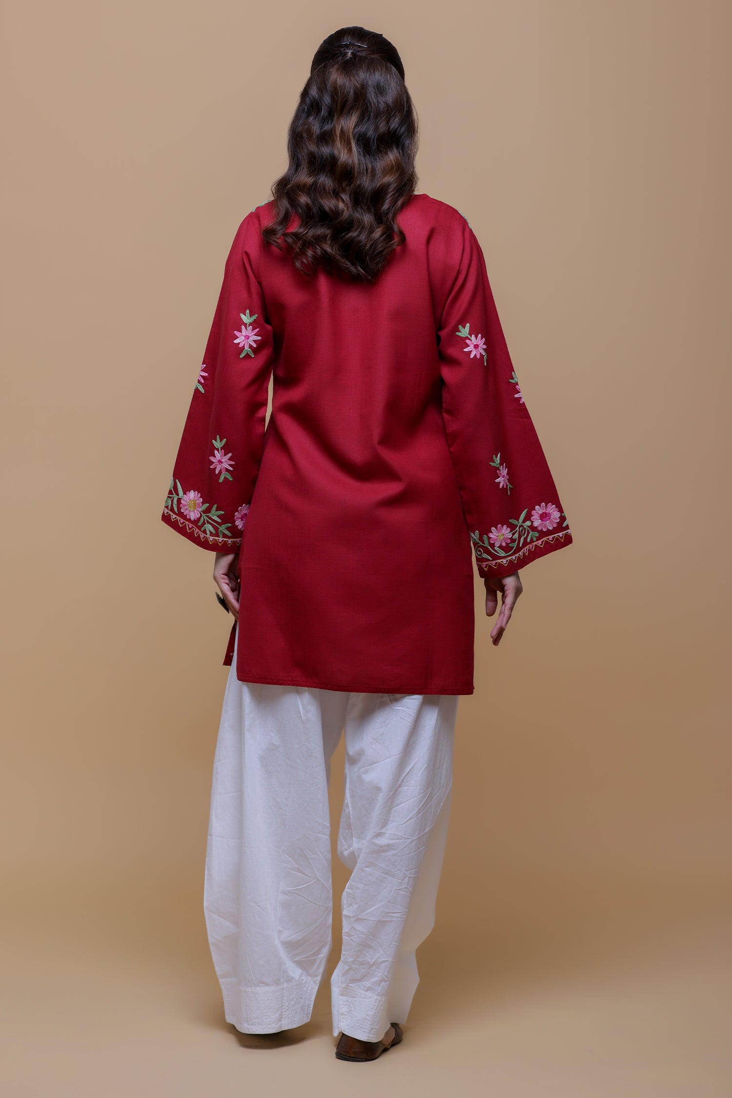 Cotton Kashmiri Aari Short Kurta - Maroon