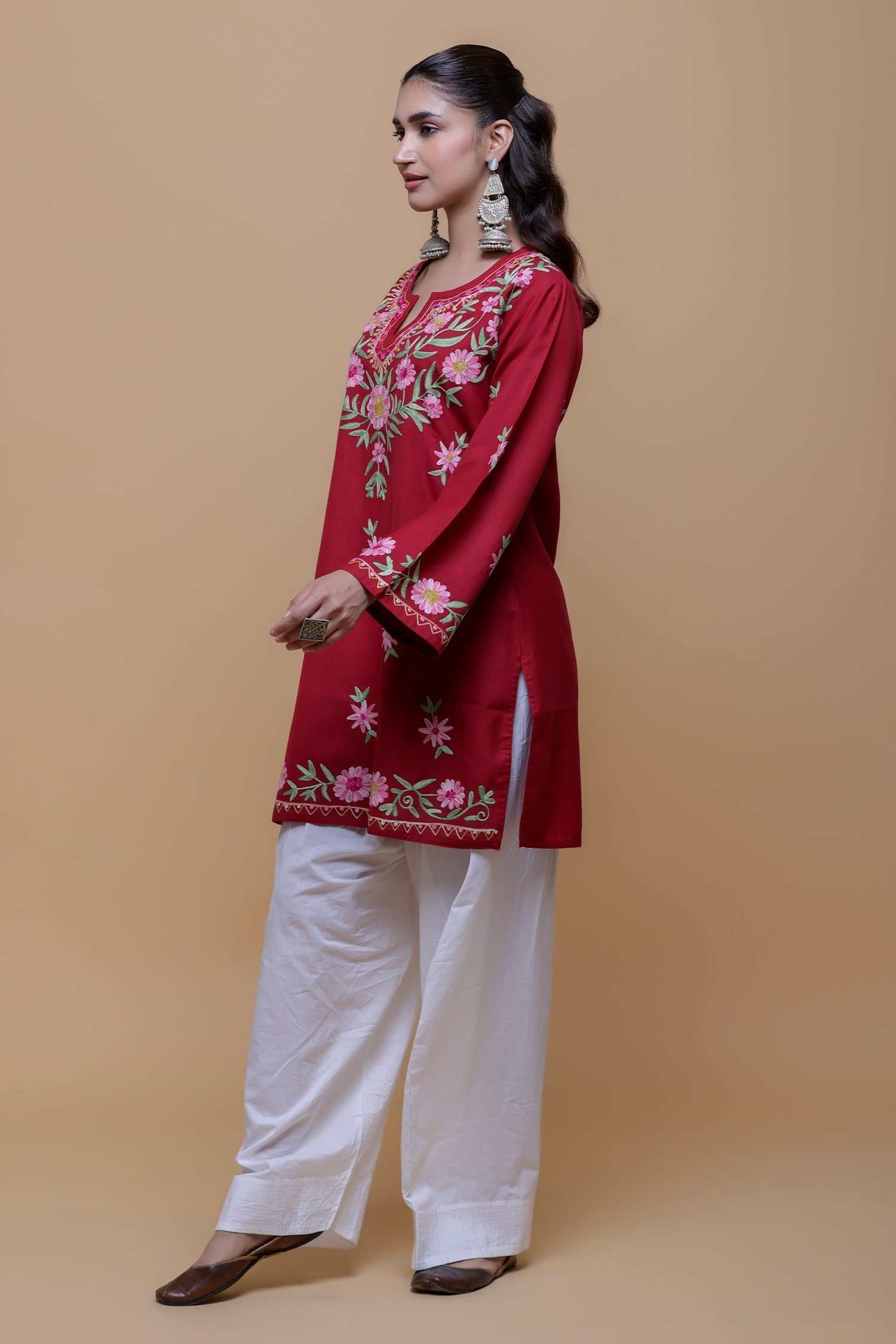 Cotton Kashmiri Aari Short Kurta - Maroon