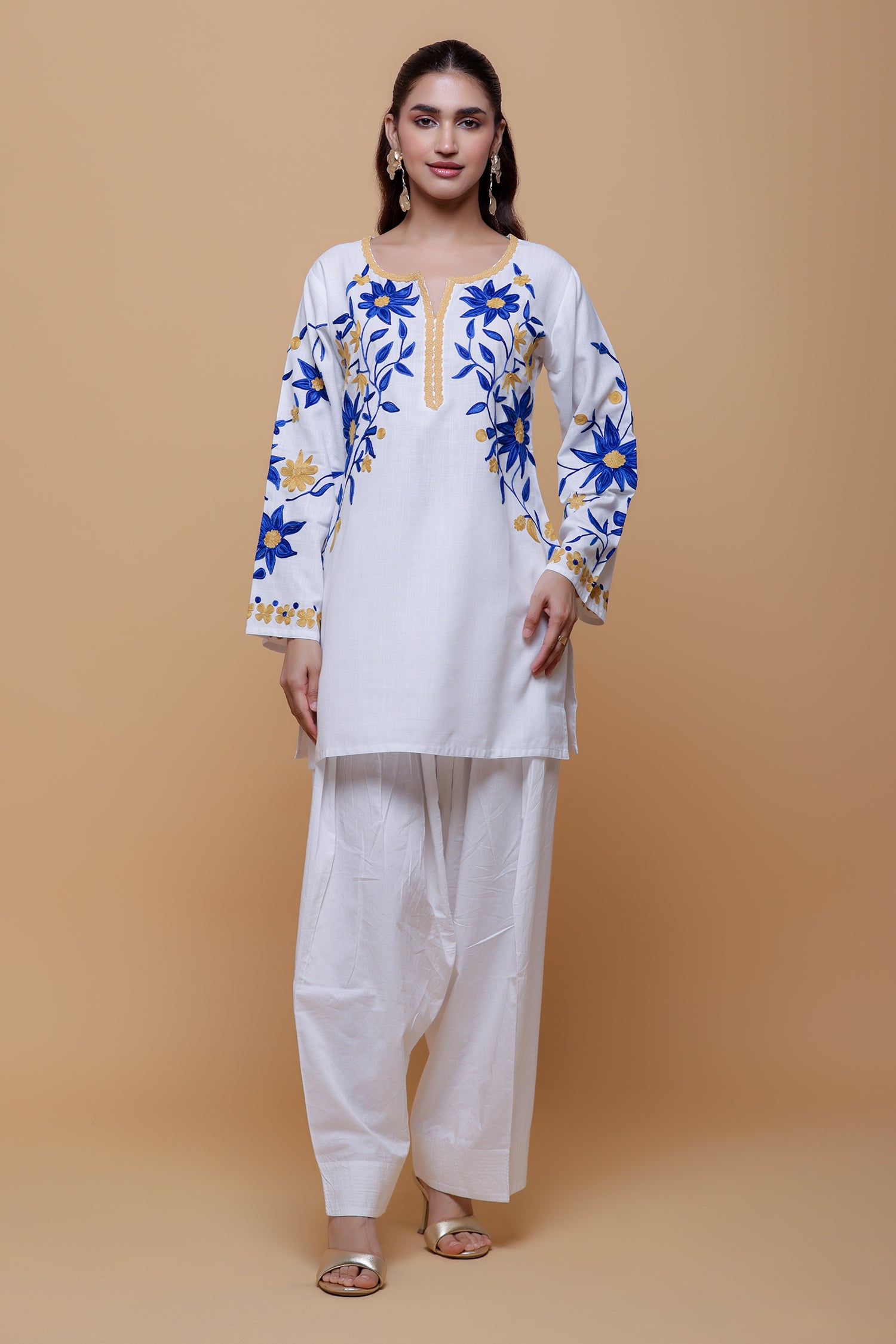 Cotton Kashmiri Aari Kurta - White