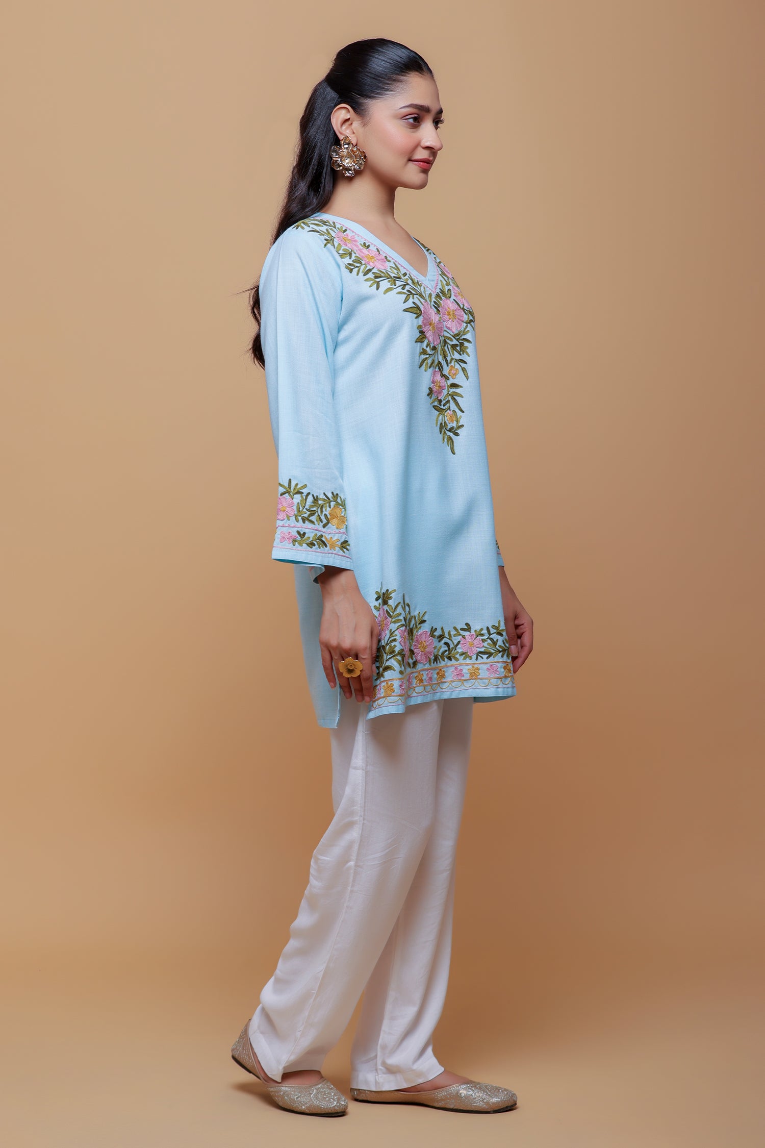 Priyanka x HOK in Cotton Kashmiri Aari Short Kurta - Light Blue