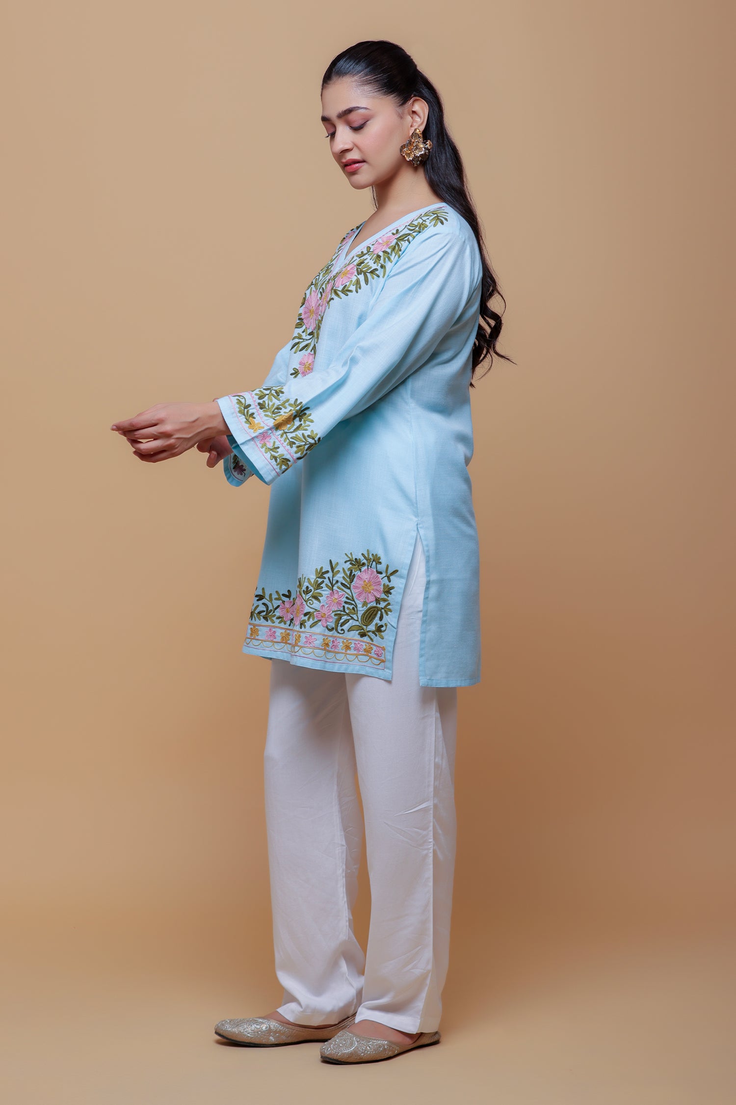 Priyanka x HOK in Cotton Kashmiri Aari Short Kurta - Light Blue