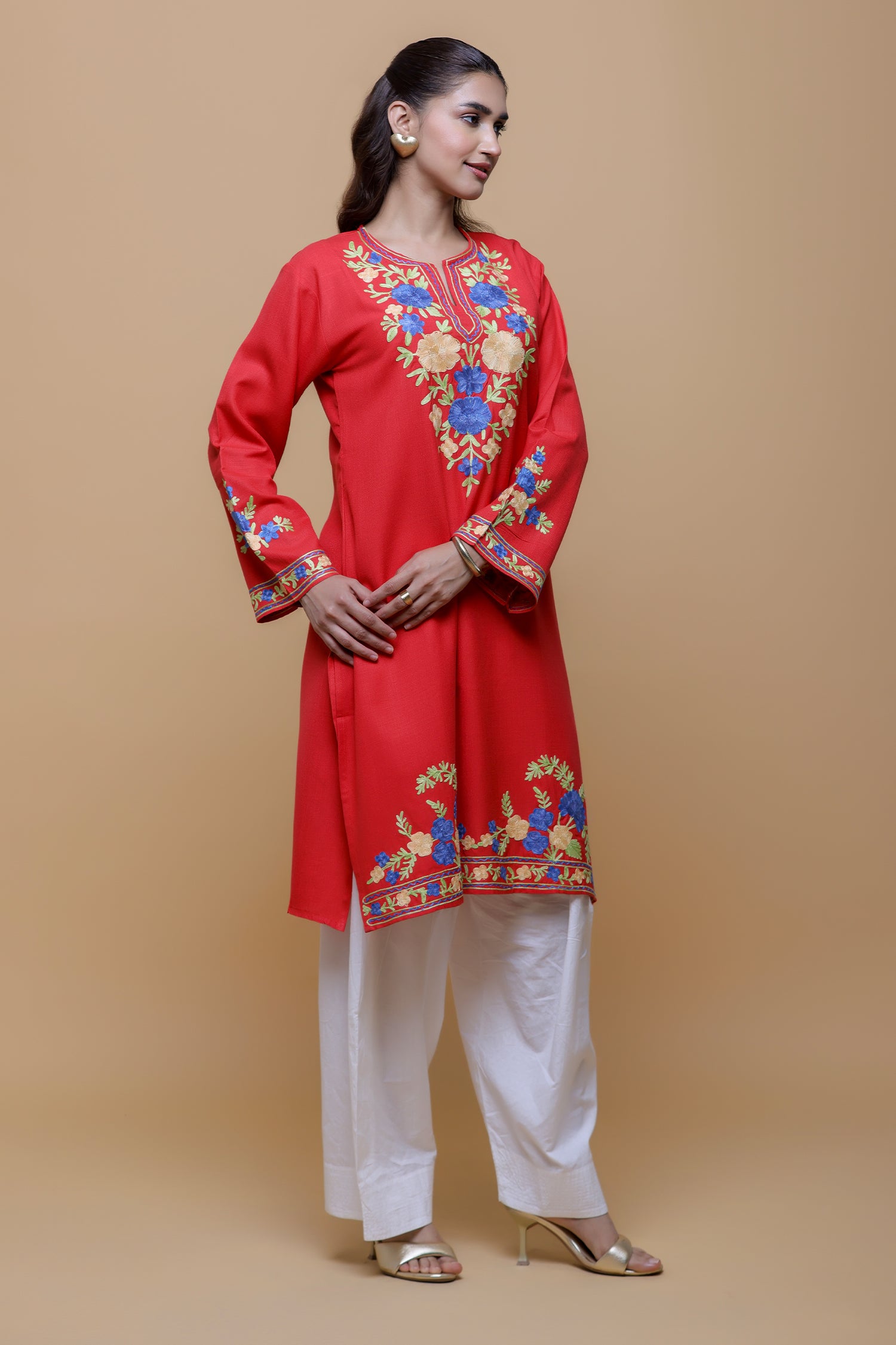 Cotton Long Kurta in Kashmiri Aari - Red
