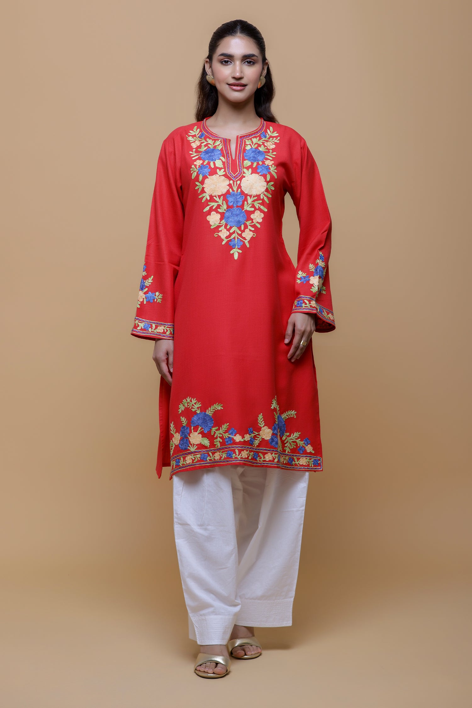 Cotton Long Kurta in Kashmiri Aari - Red
