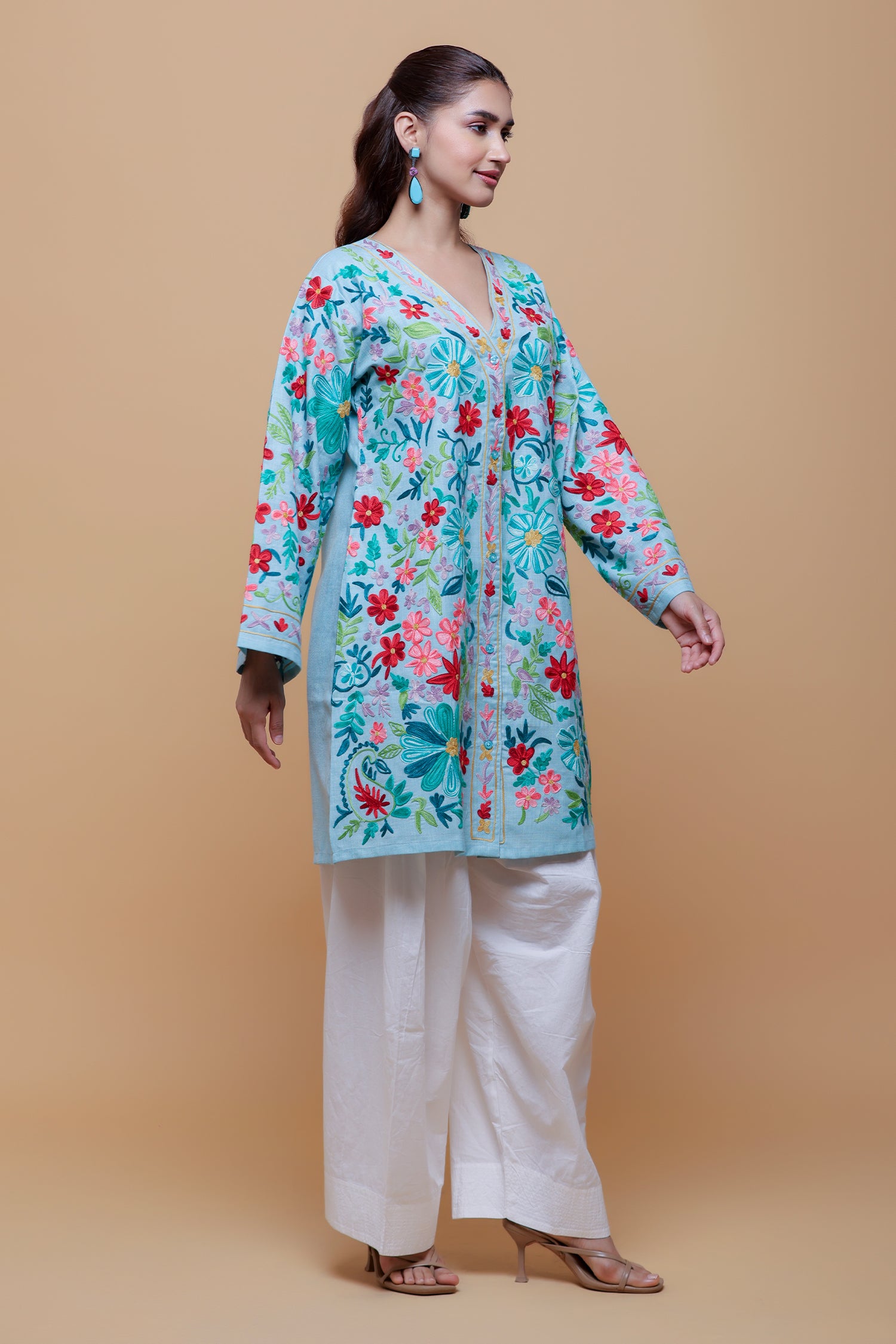 Cotton Kashmiri Aari Jacket - Sky Blue