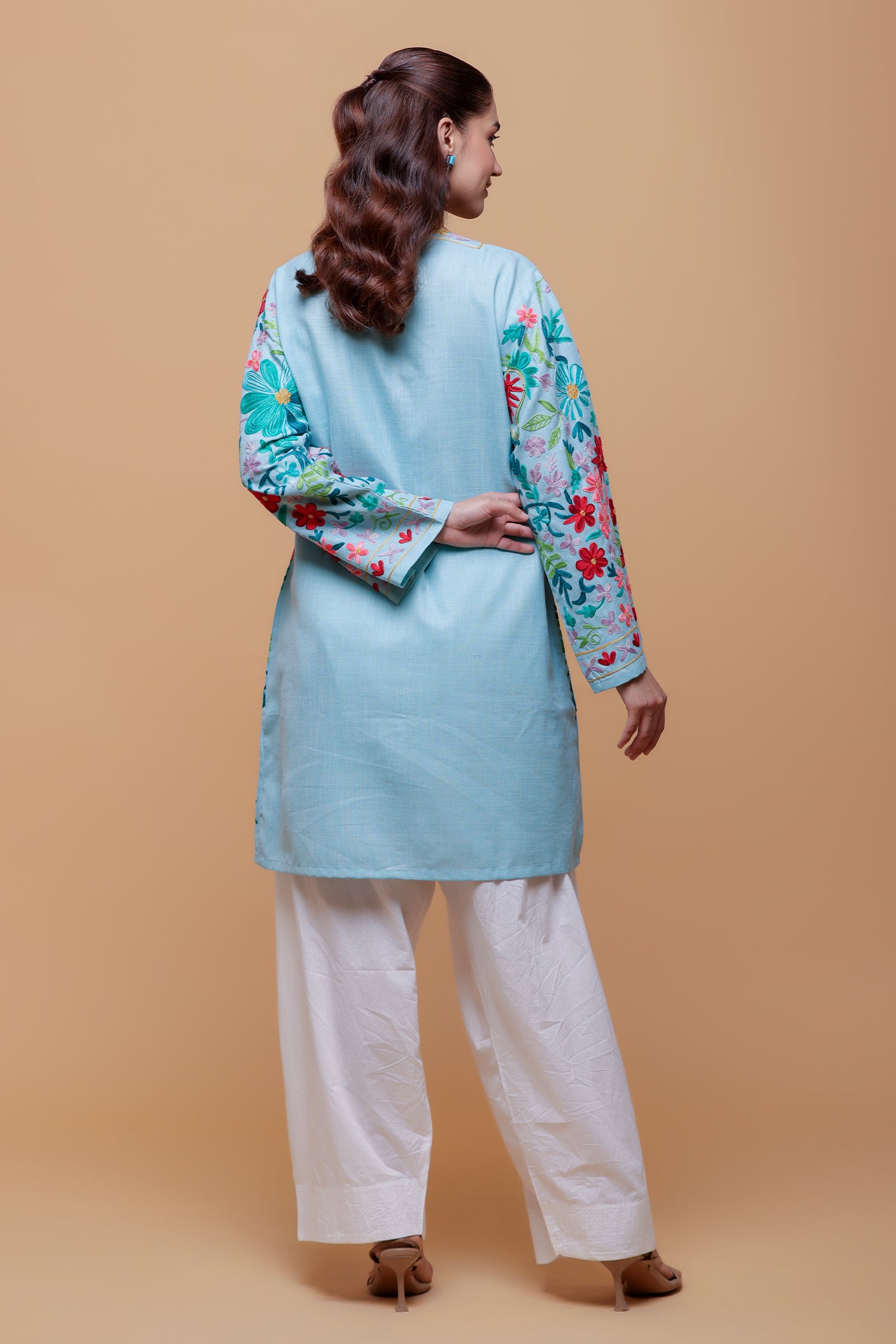 Cotton Kashmiri Aari Jacket - Sky Blue