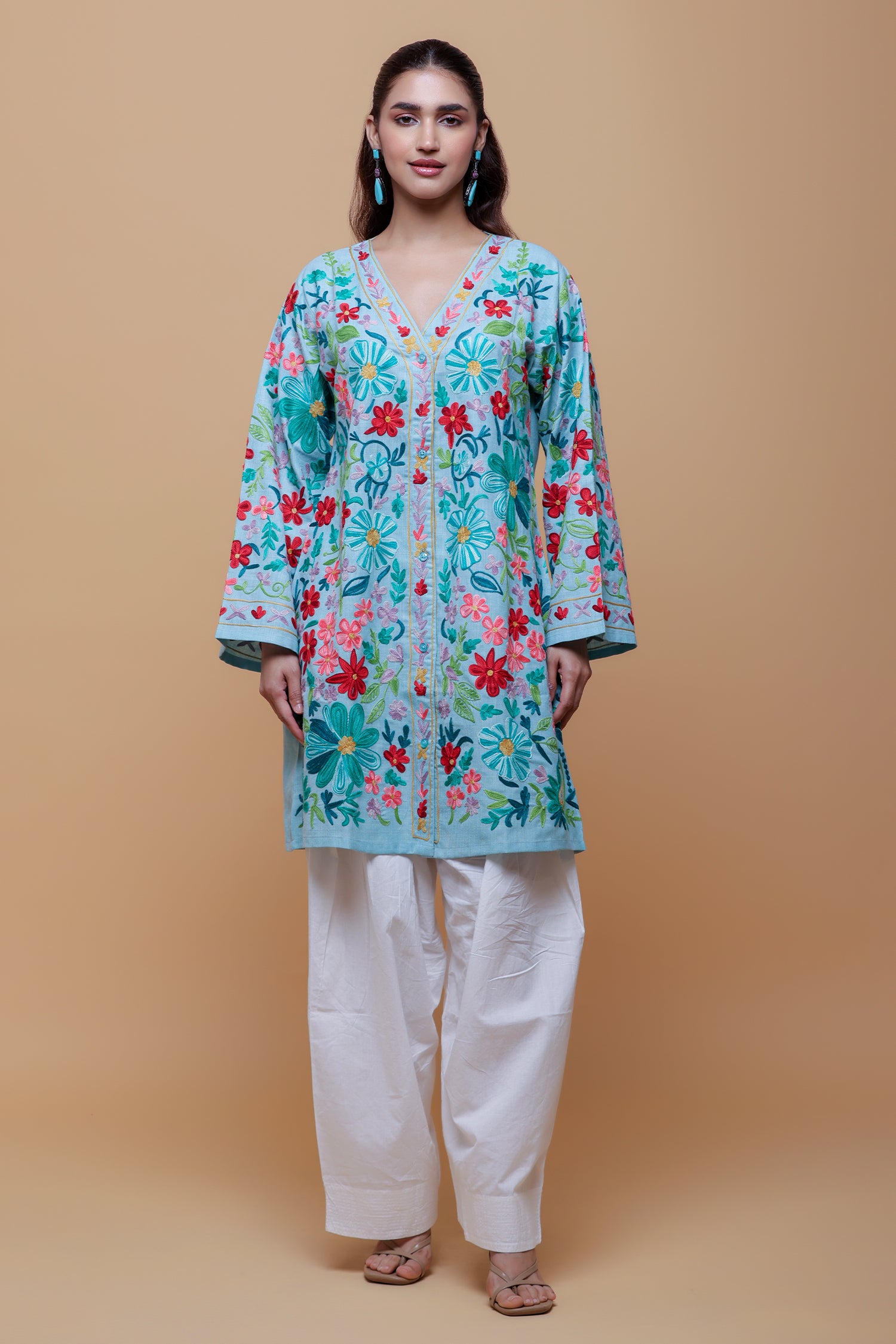 Cotton Kashmiri Aari Jacket - Sky Blue