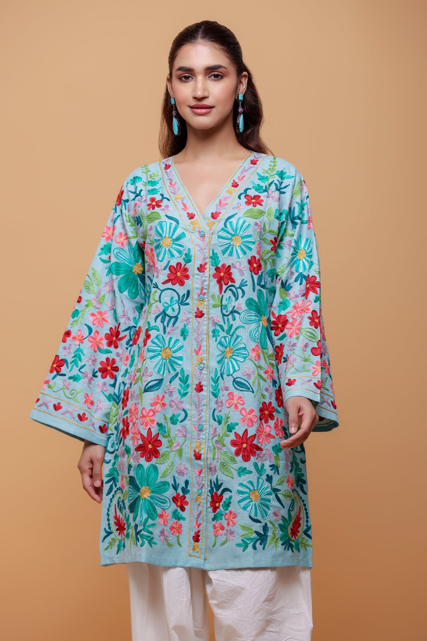 Cotton Kashmiri Aari Jacket - Sky Blue