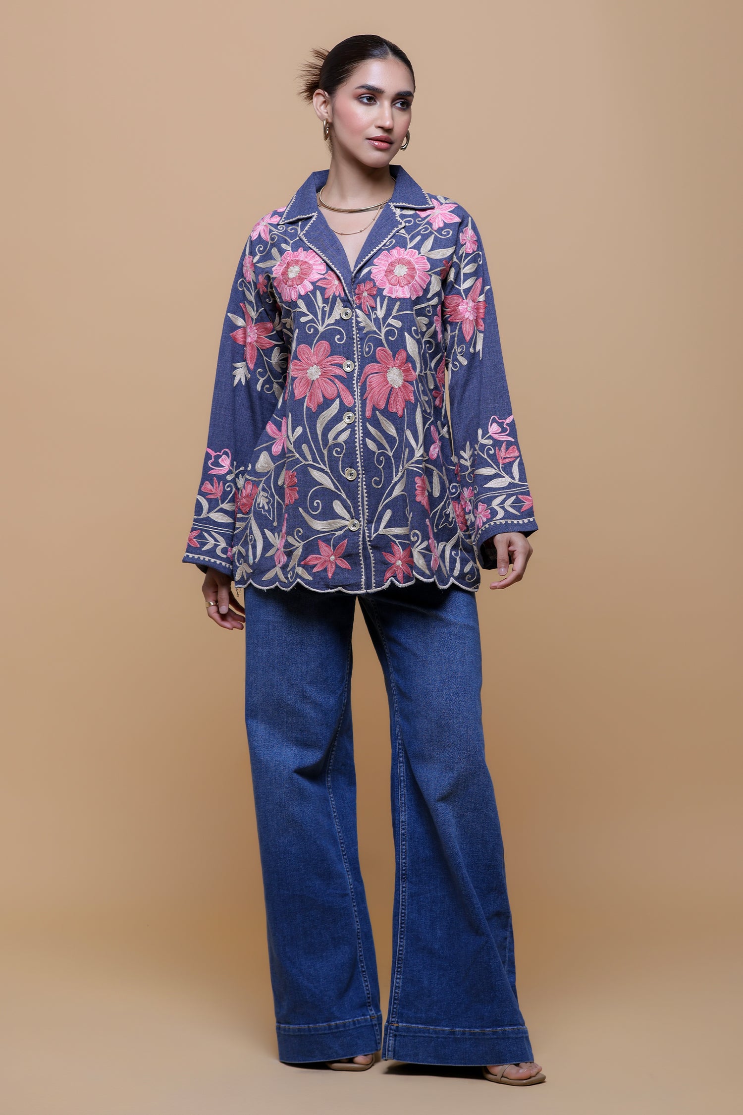 Denim Cotton Kashmiri Aari Short Jacket