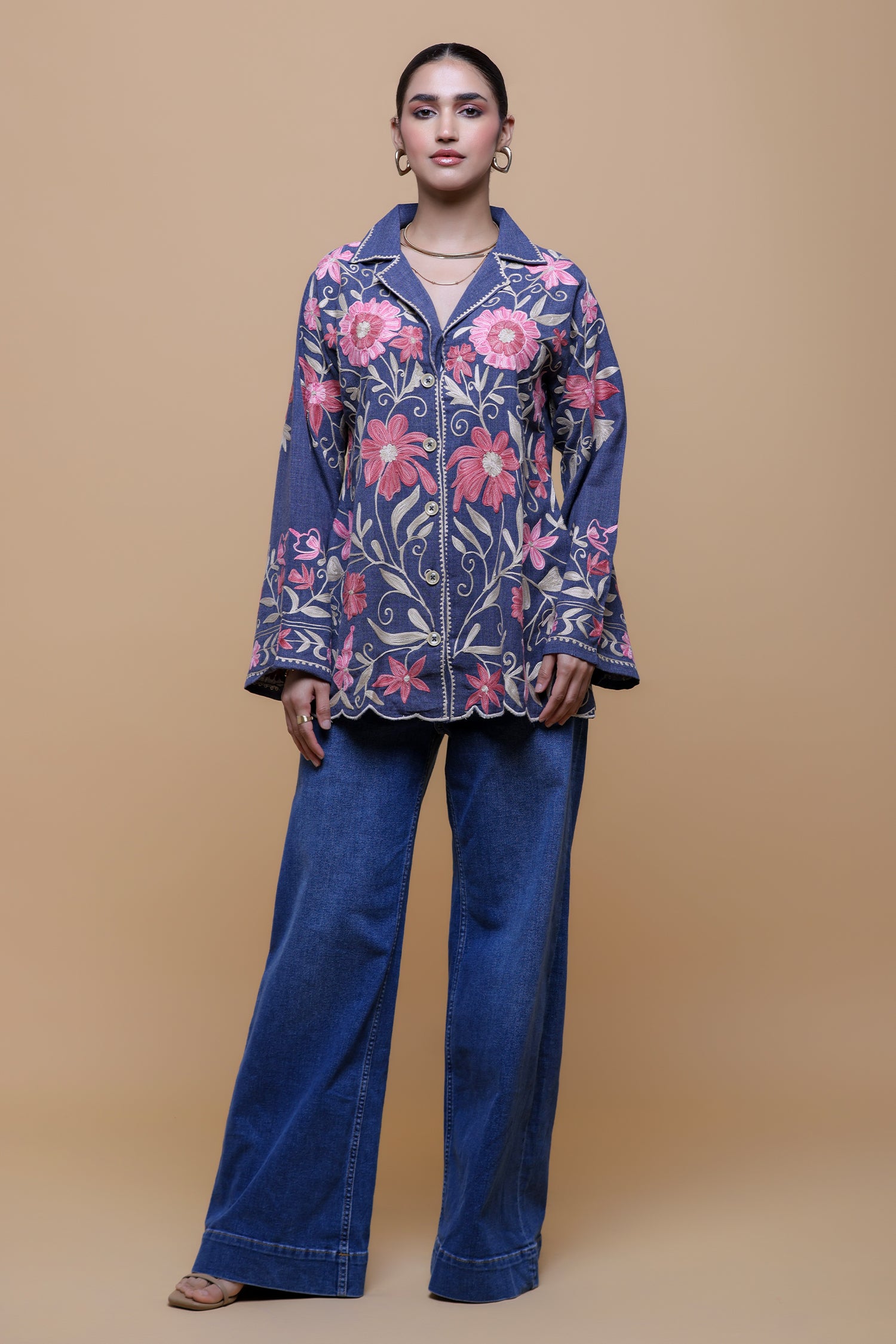 Denim Cotton Kashmiri Aari Short Jacket