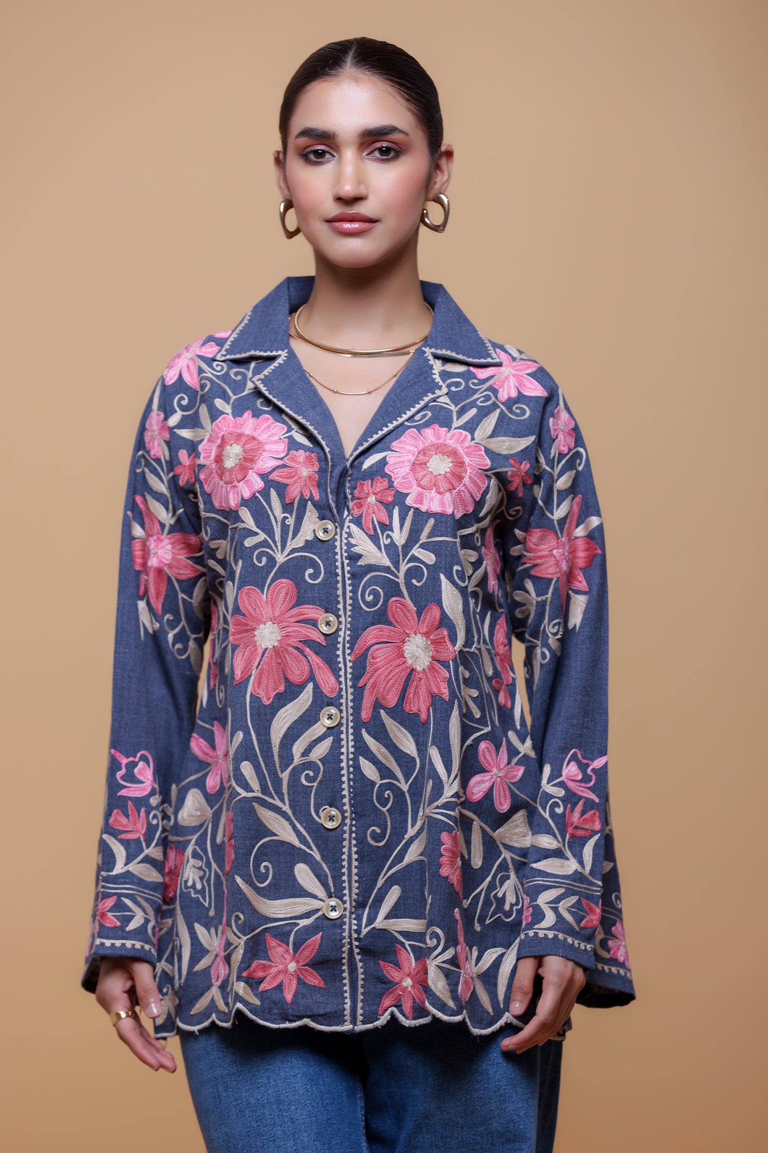Denim Cotton Kashmiri Aari Short Jacket