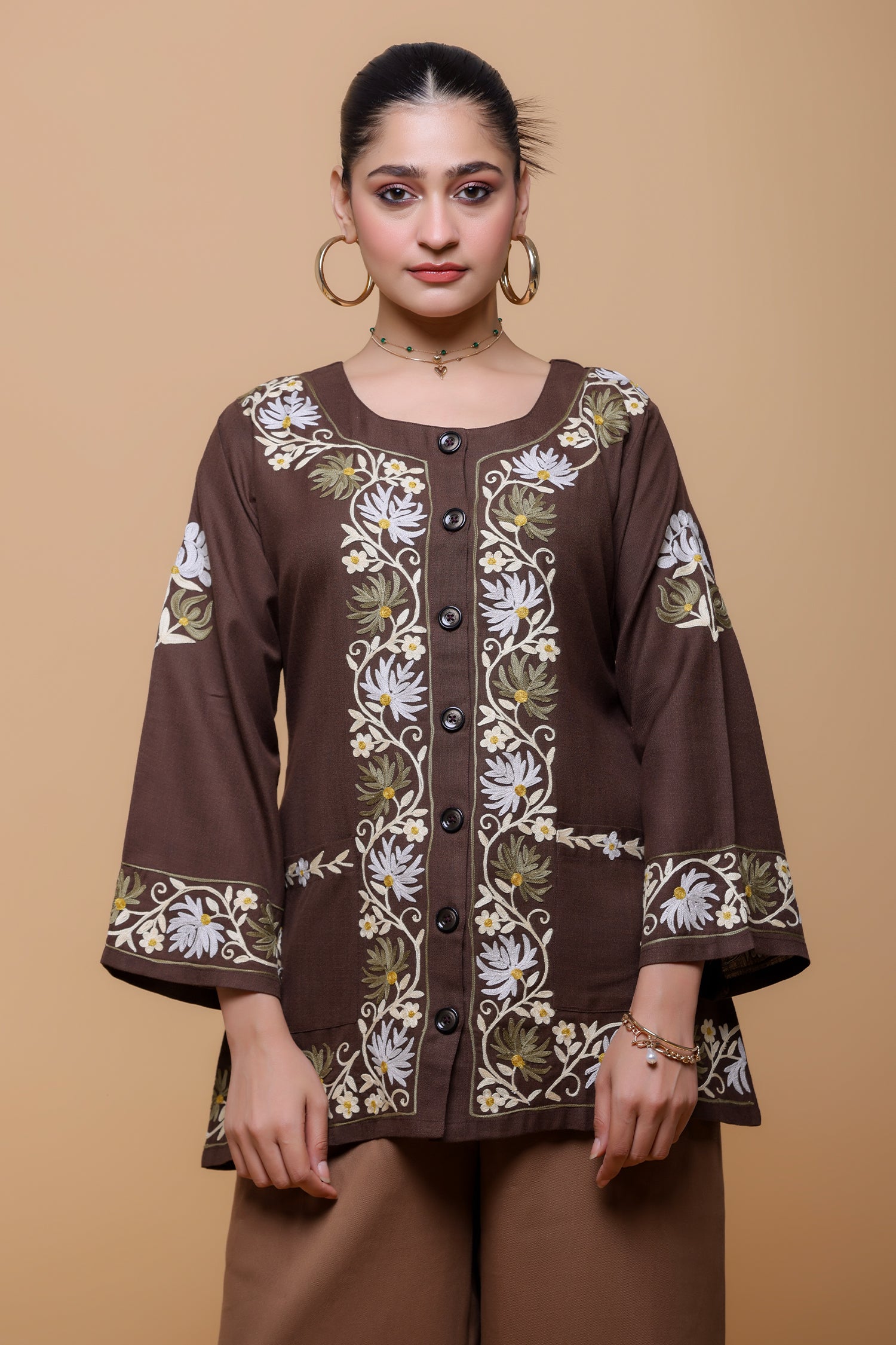 Cotton Kashmiri Aari Jacket- Brown