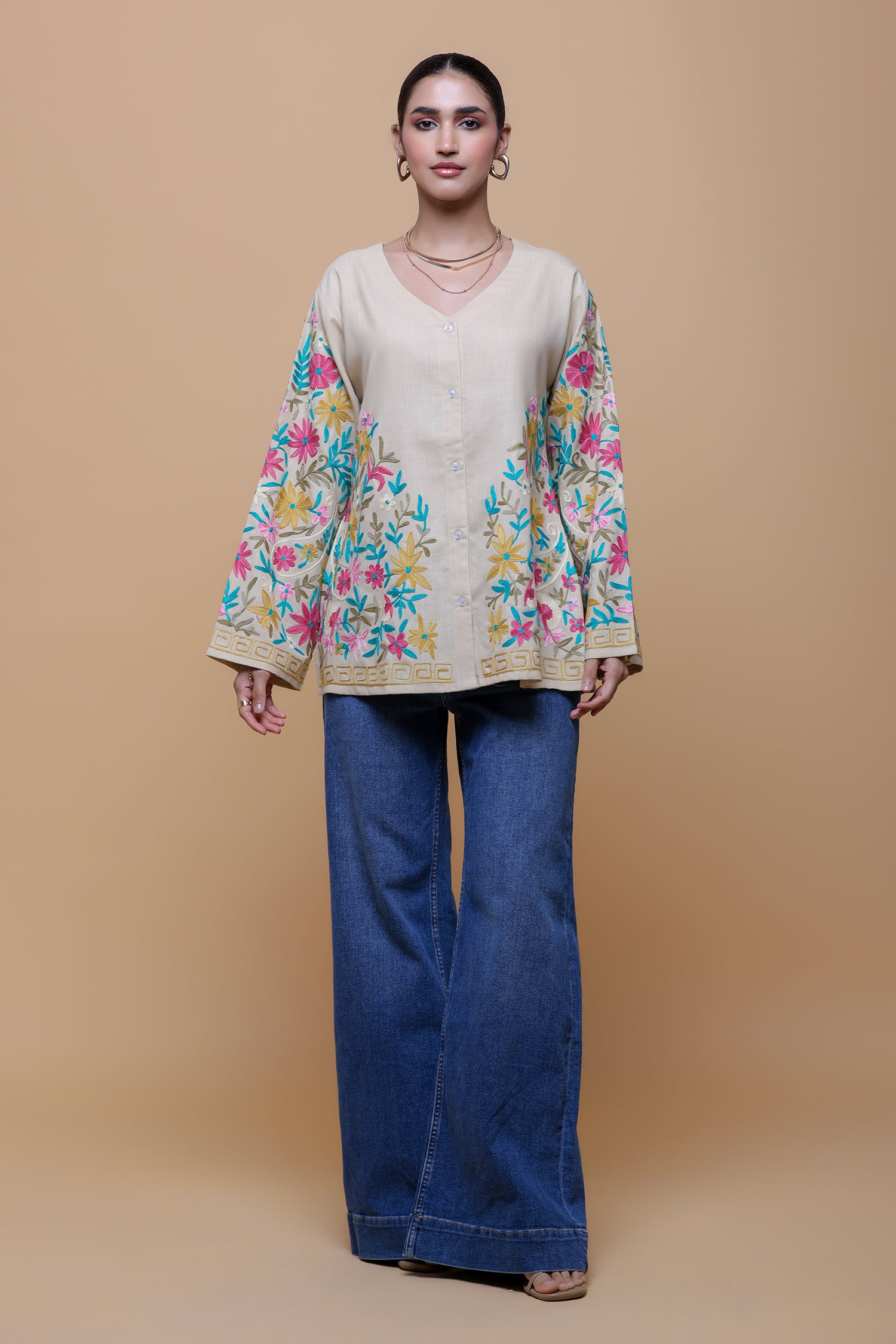 Cotton Kashmiri Aari Short Jacket - Beige