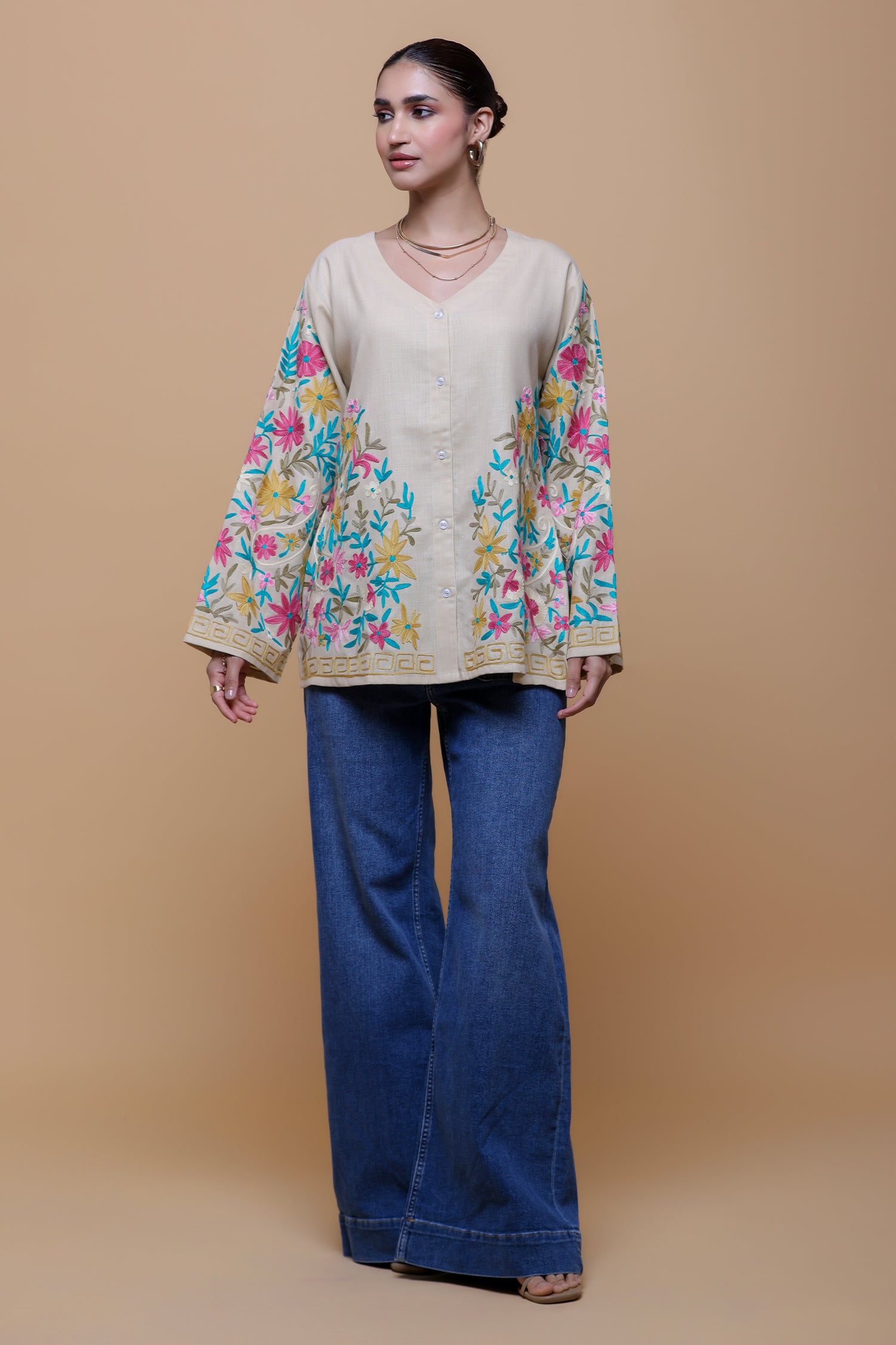 Cotton Kashmiri Aari Short Jacket - Beige