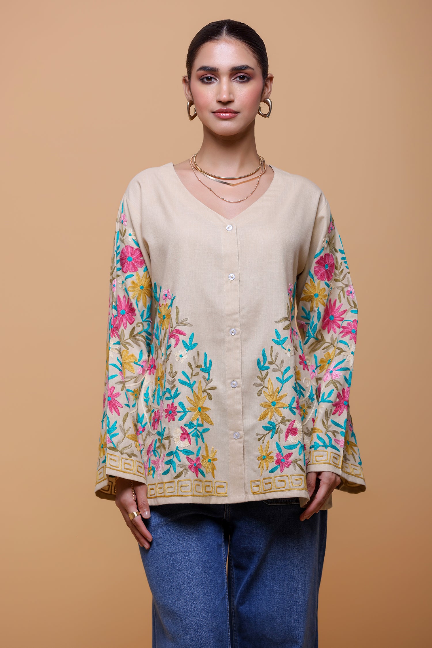 Cotton Kashmiri Aari Short Jacket - Beige
