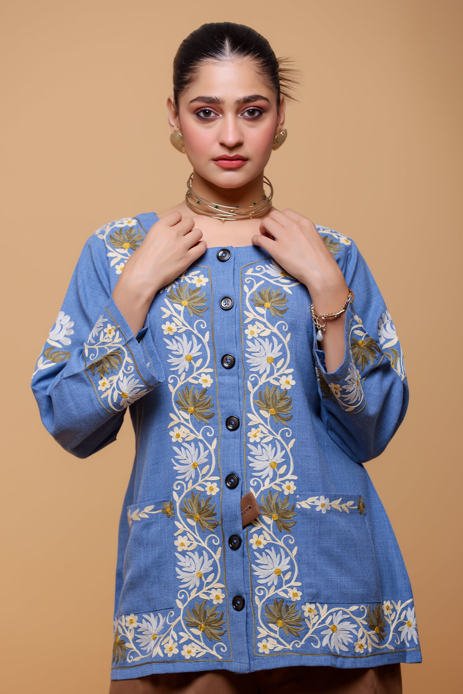 Denim Cotton Kashmiri Aari Jacket
