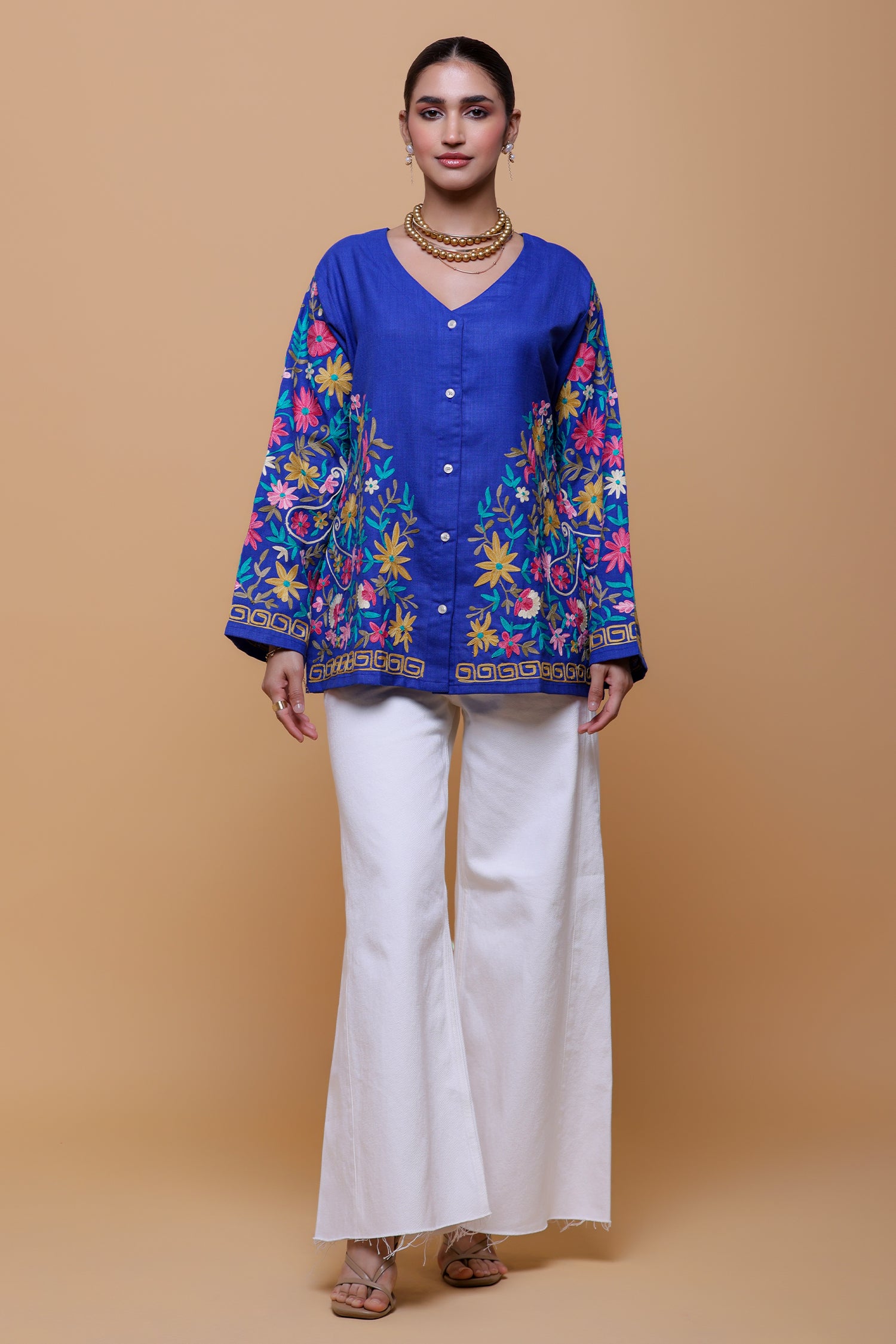 Cotton Kashmiri Aari Short Jacket - Blue