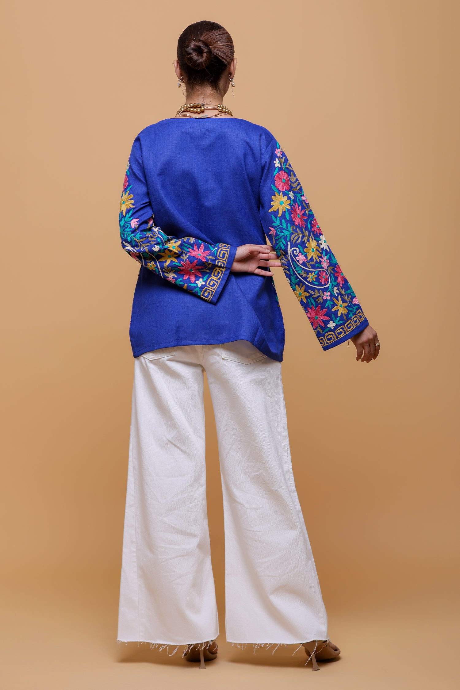 Cotton Kashmiri Aari Short Jacket - Blue