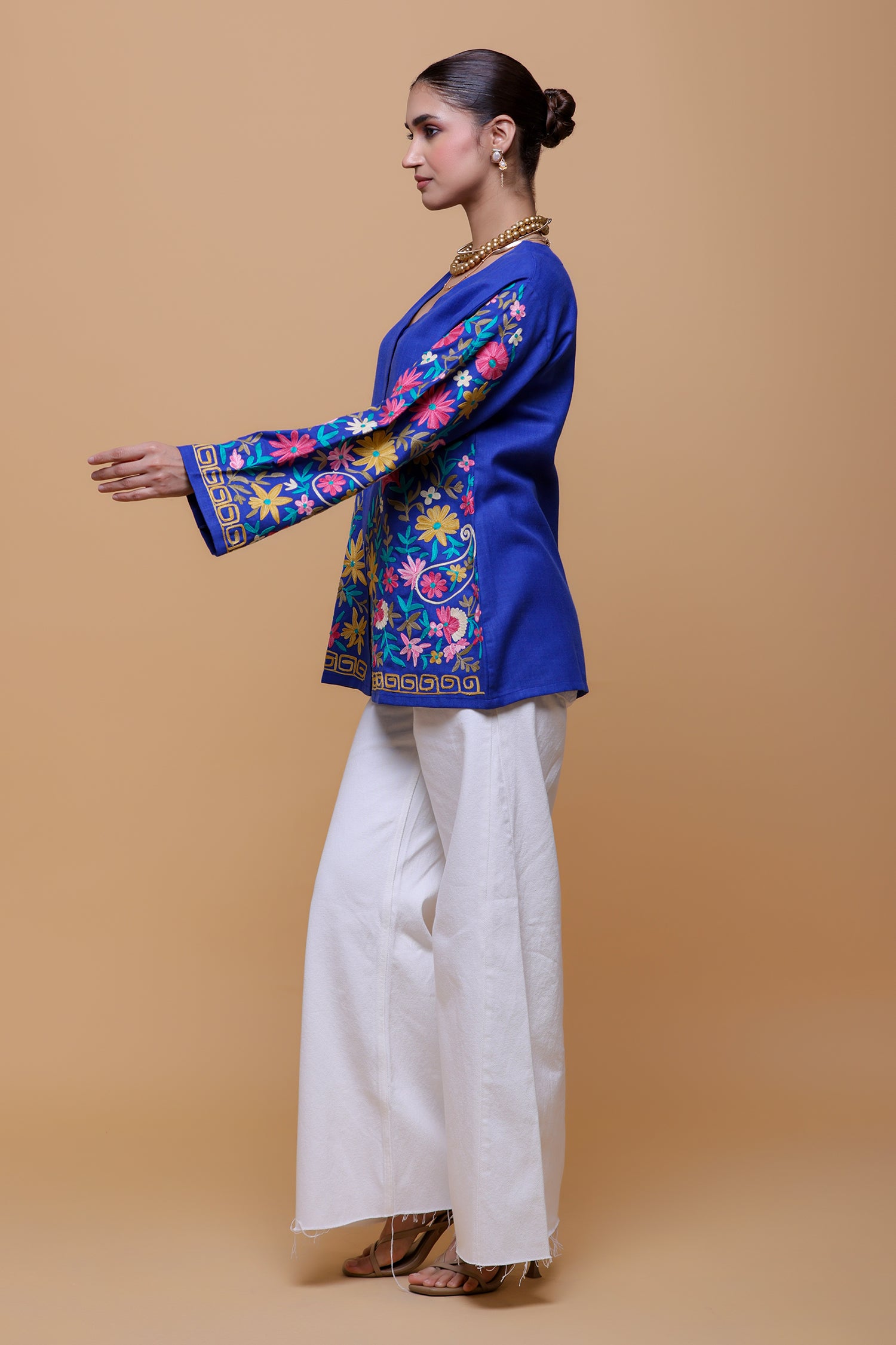 Cotton Kashmiri Aari Short Jacket - Blue